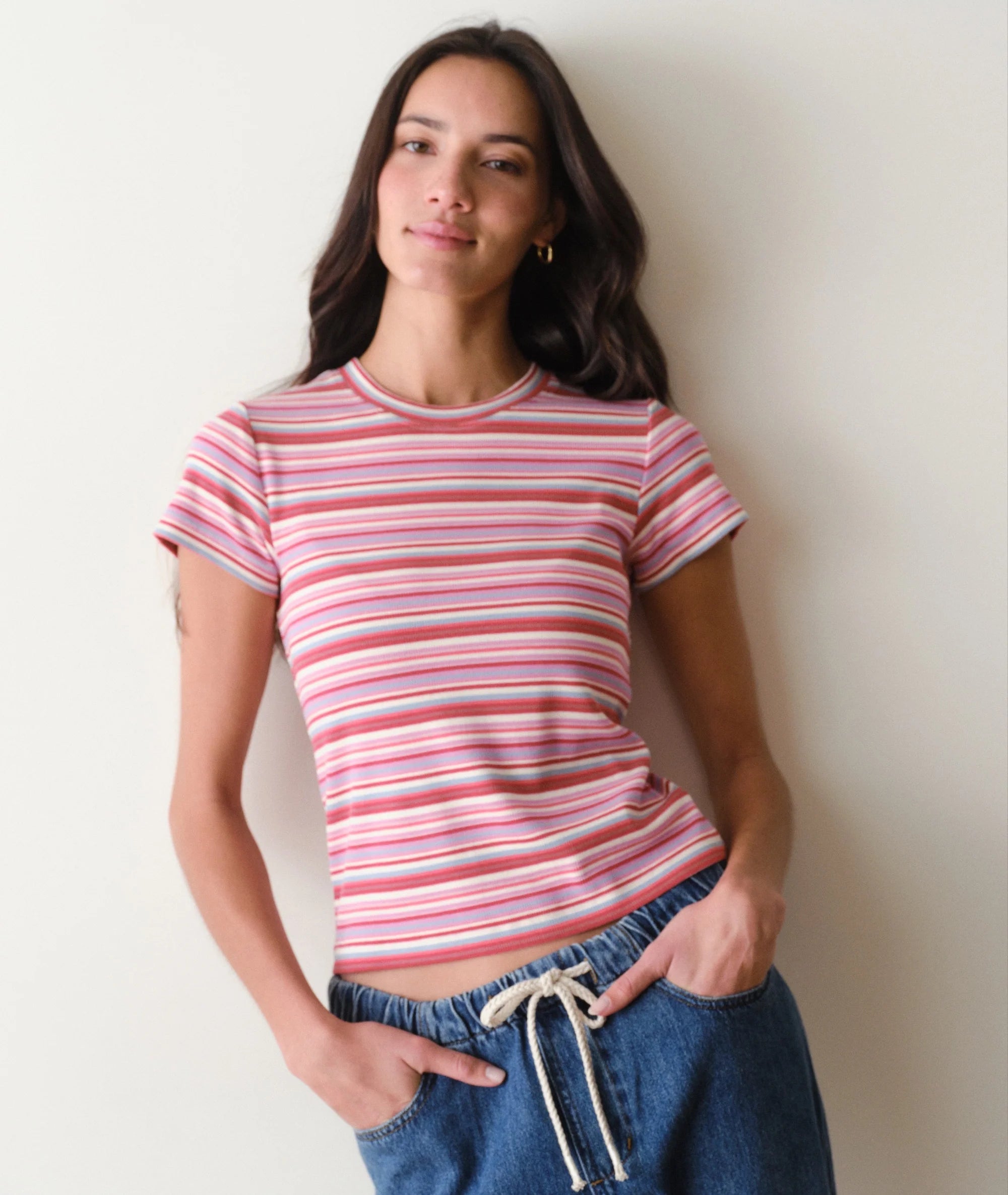 Lexi Rib Sun-In Crew Tee - Pink Stripe