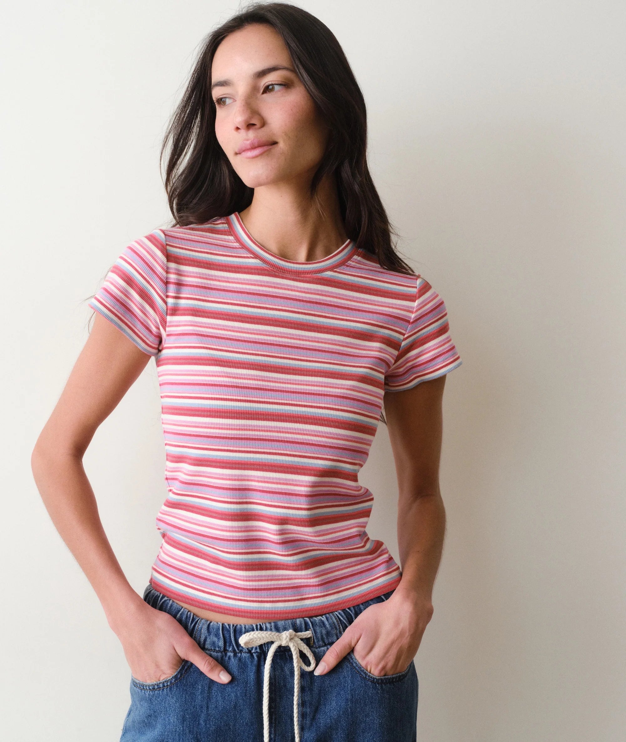 Lexi Rib Sun-In Crew Tee - Pink Stripe