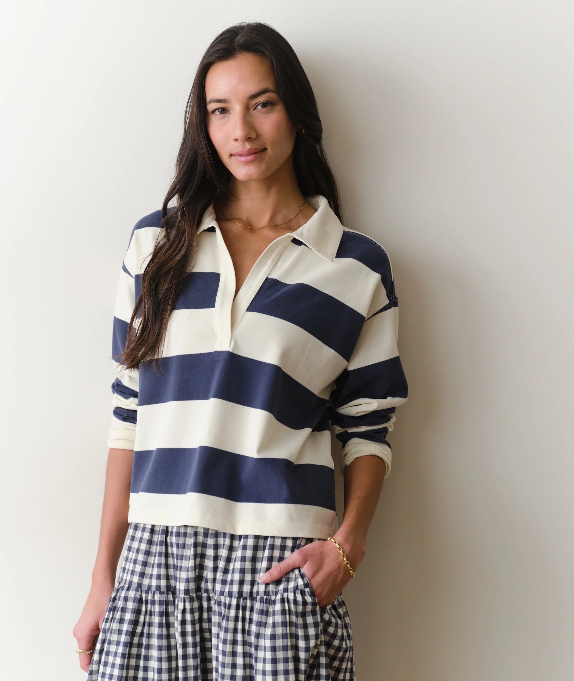 Luxe Sueded Polo Tee - Navy Stripe