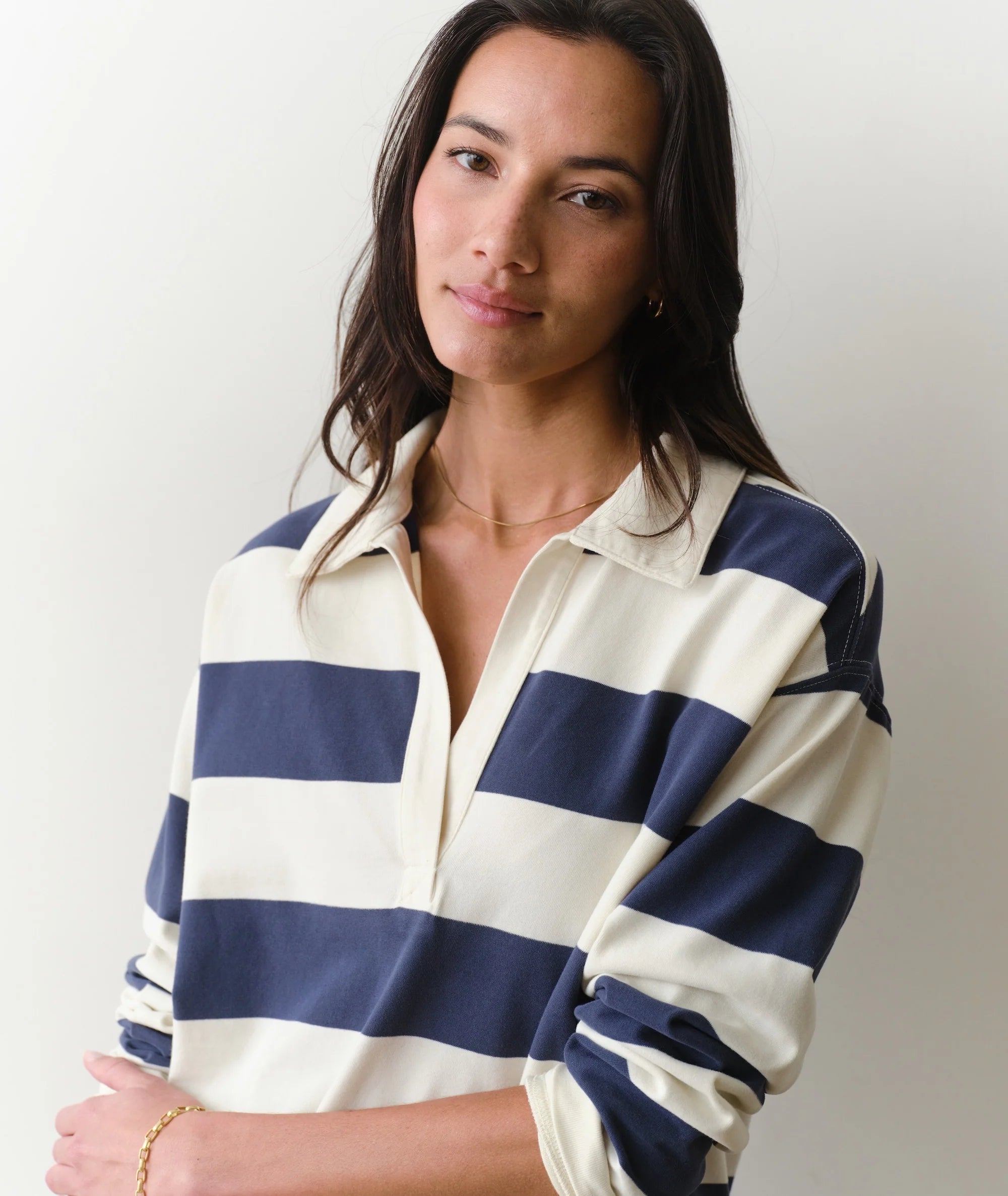 Luxe Sueded Polo Tee - Navy Stripe