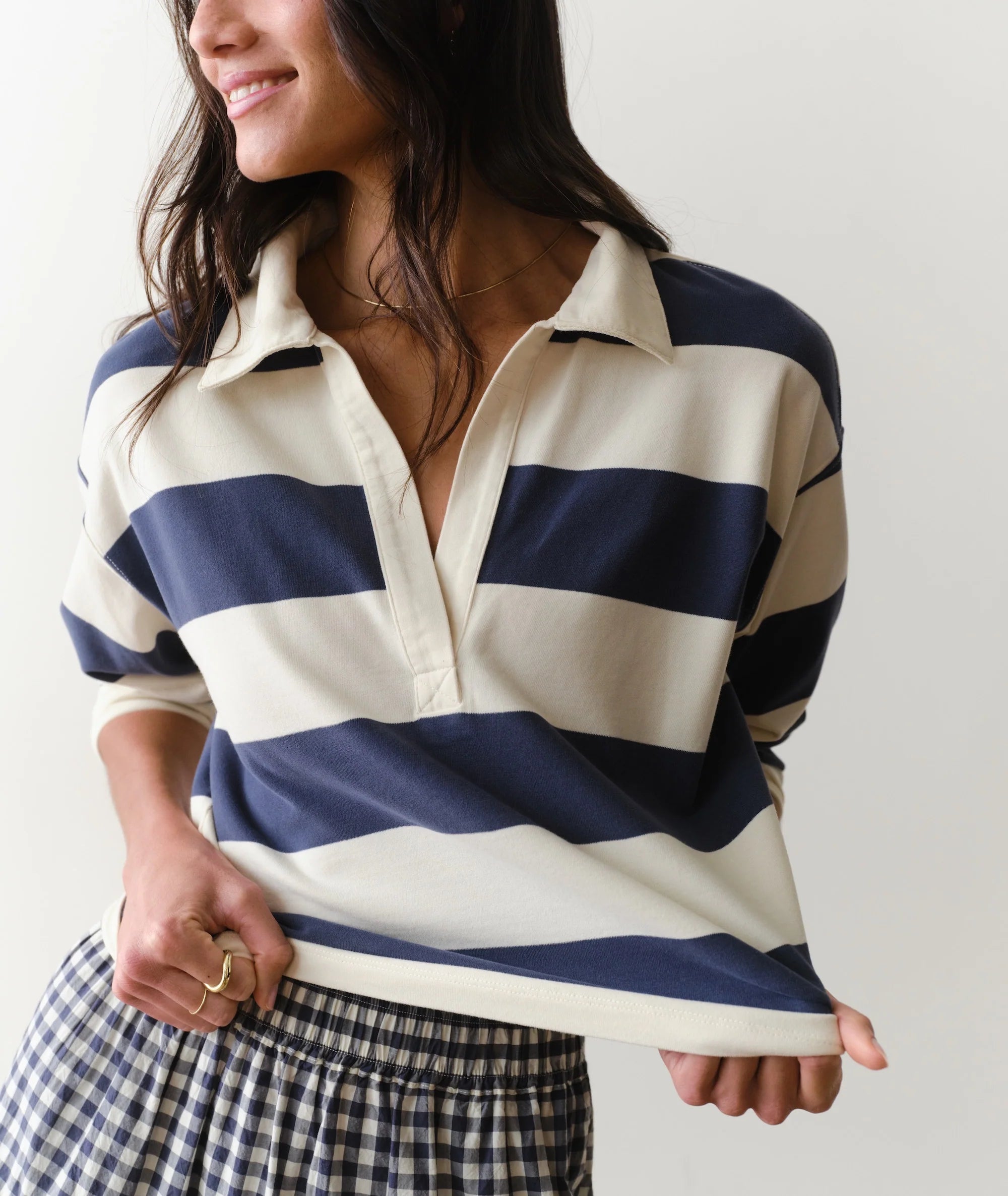Luxe Sueded Polo Tee - Navy Stripe