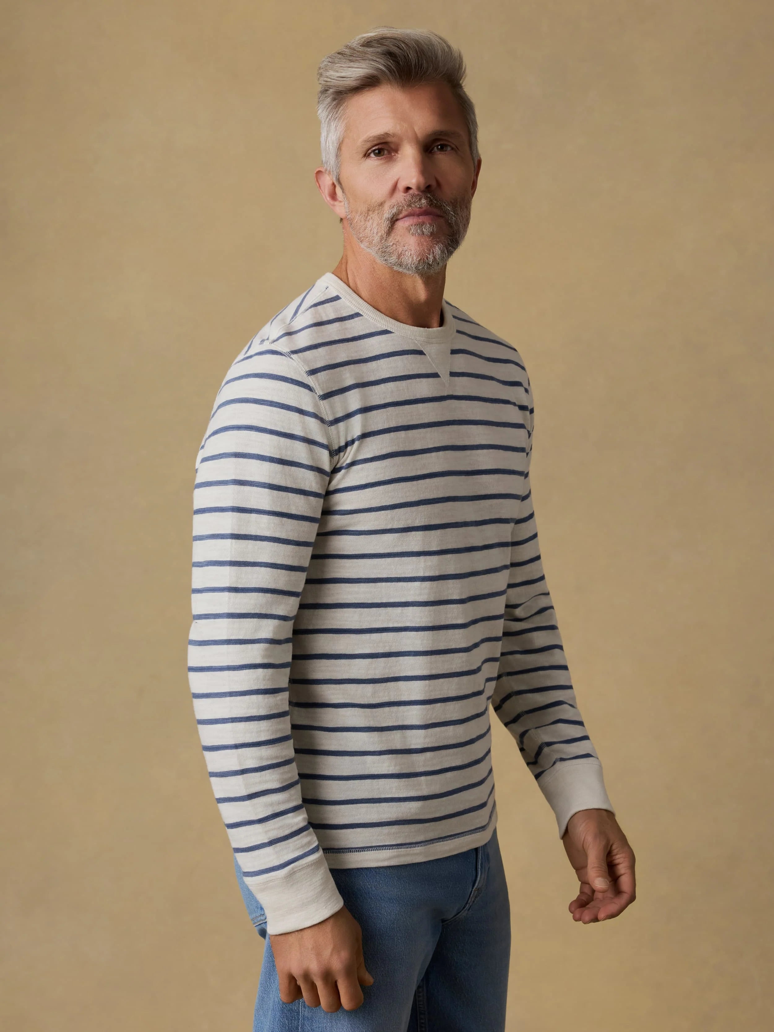 Sunwashed Slub Crew - Ivory Dusk Breton Stripe