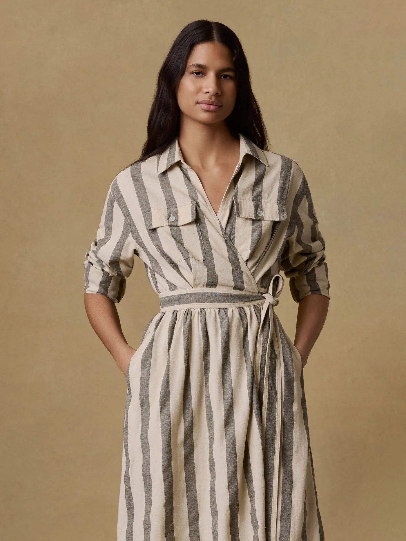 Cotton Linen Julia Wrap Dress - Pine Bay Stripe