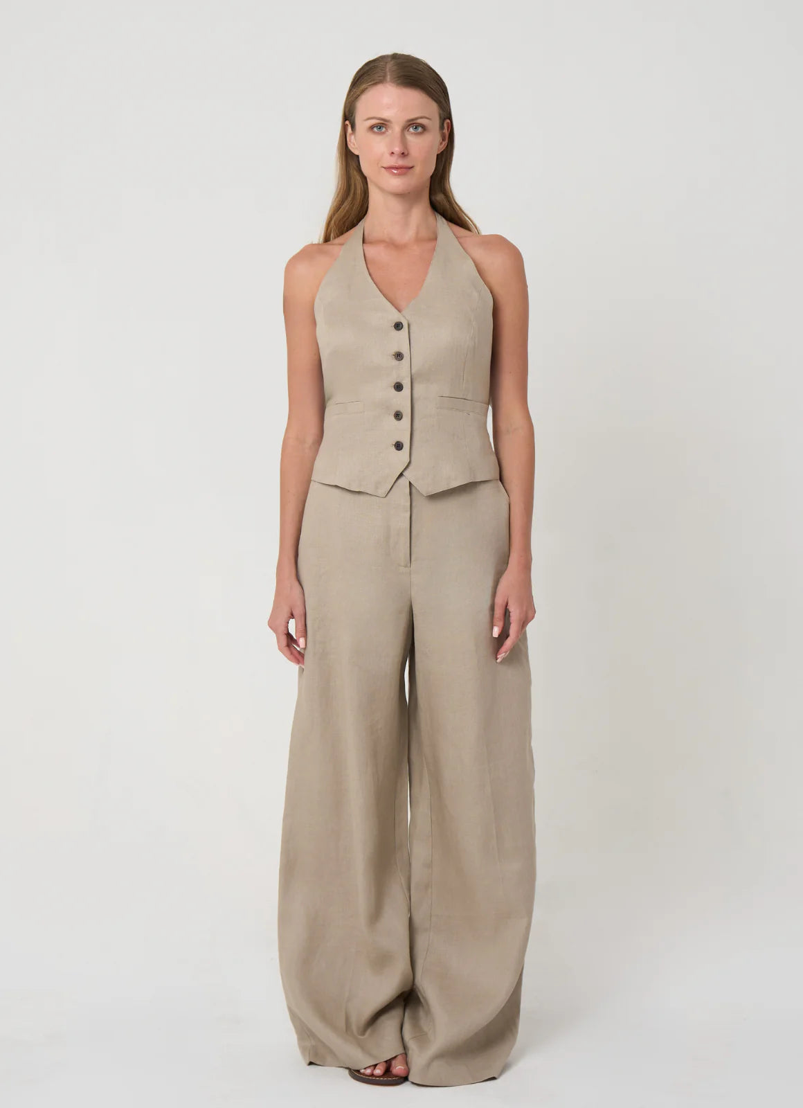 Sabrina Halter Vest in Linen - Taupe