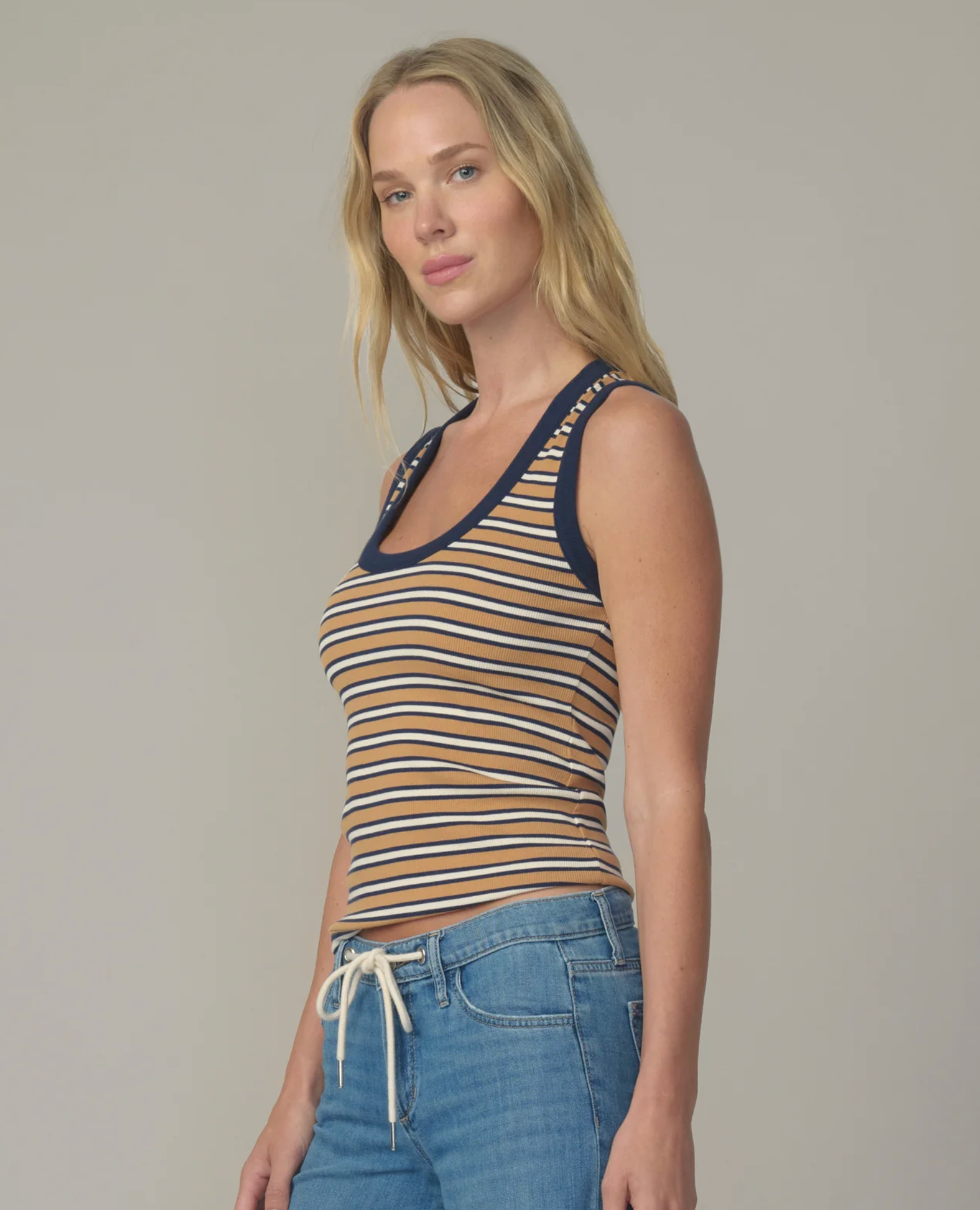 The U-Neck Tank - Honey/Navy Stripe
