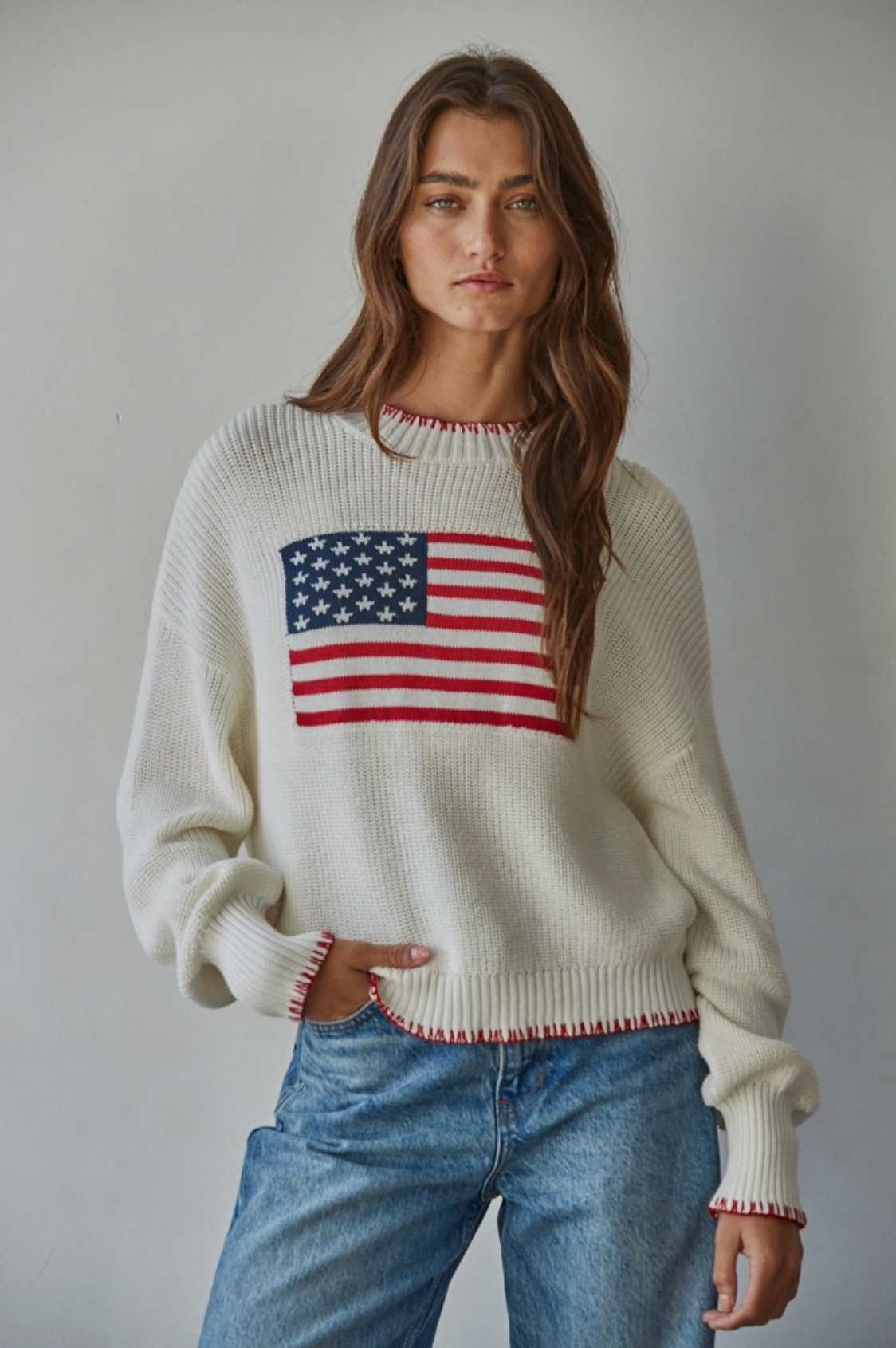 American Flag Pullover Knit Crew Sweater - Off White