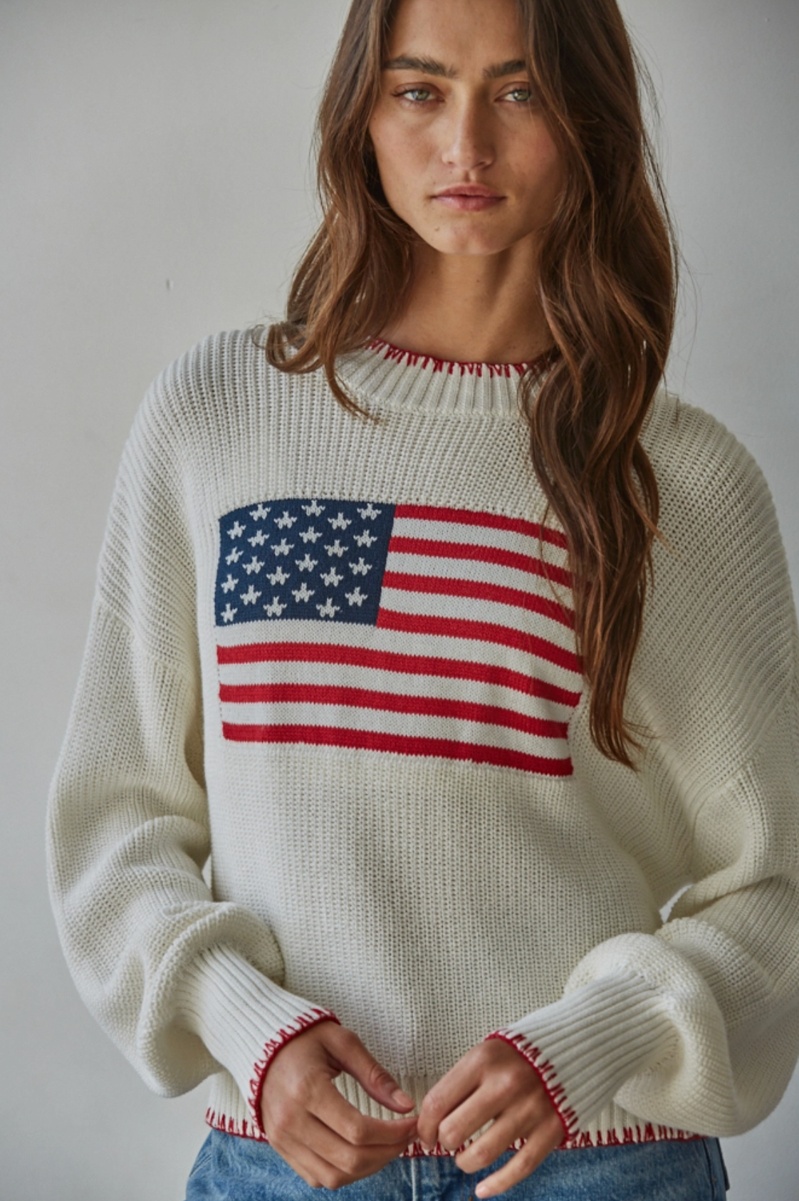 American Flag Pullover Knit Crew Sweater - Off White