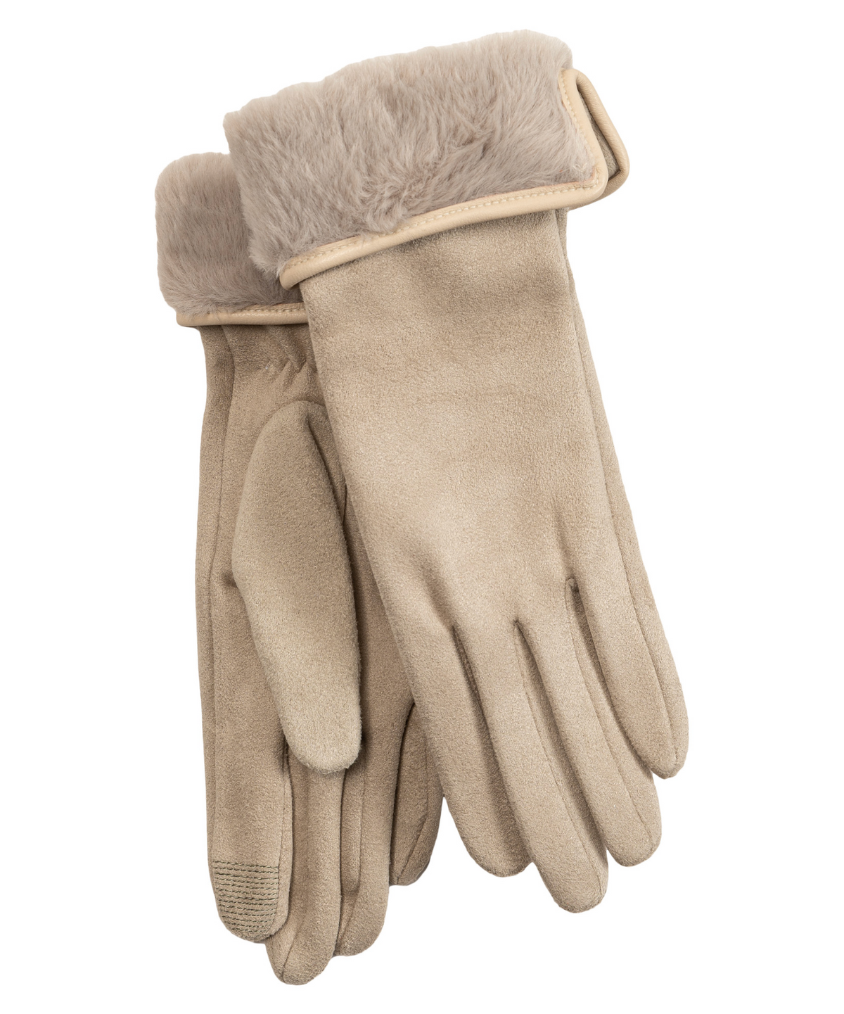 Stretch Suede Fold-Up Faux Fur Cuff Gloves - Cream