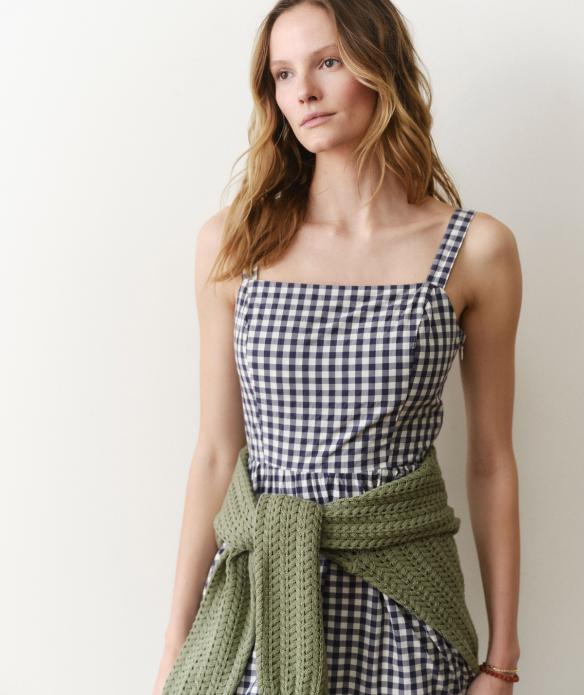 fit & flare lightweight smocked gingham midi dress Marine Layer Demi Poplin Midi Dress Navy Gingham / S
