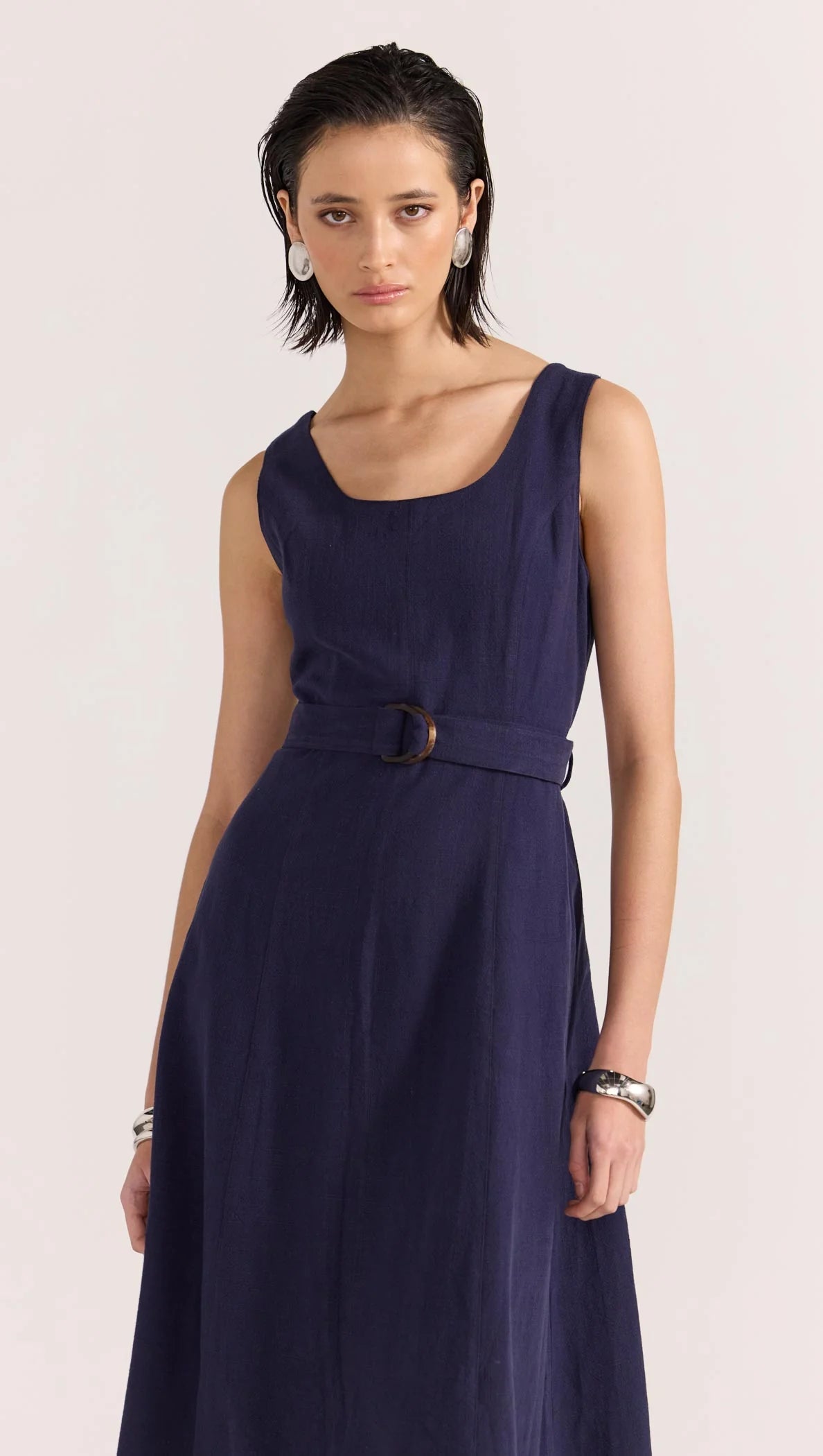 Mira Belted Midi Dress - Navy