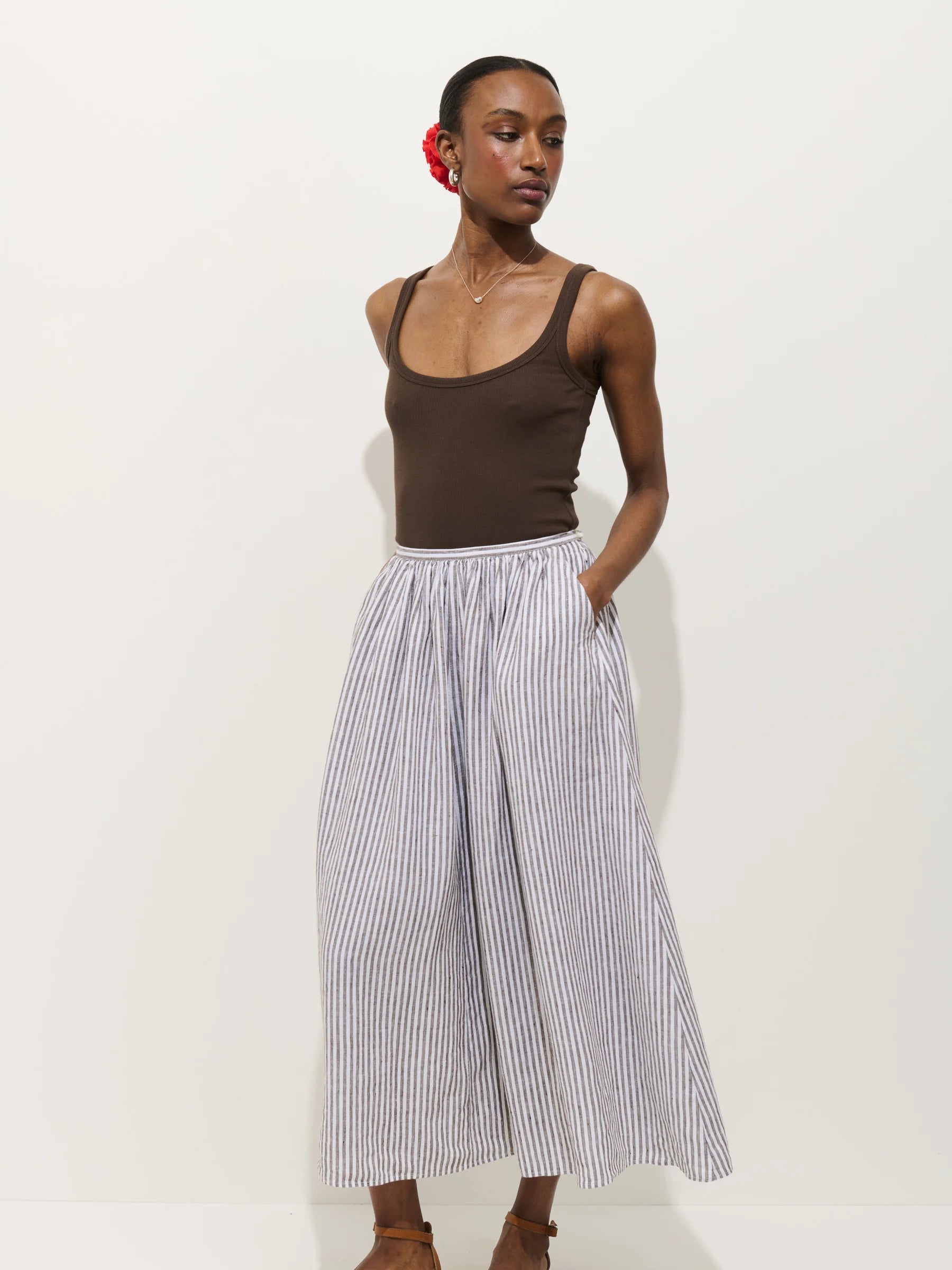 Sarah Striped Skirt In Linen - Espresso/Ivory