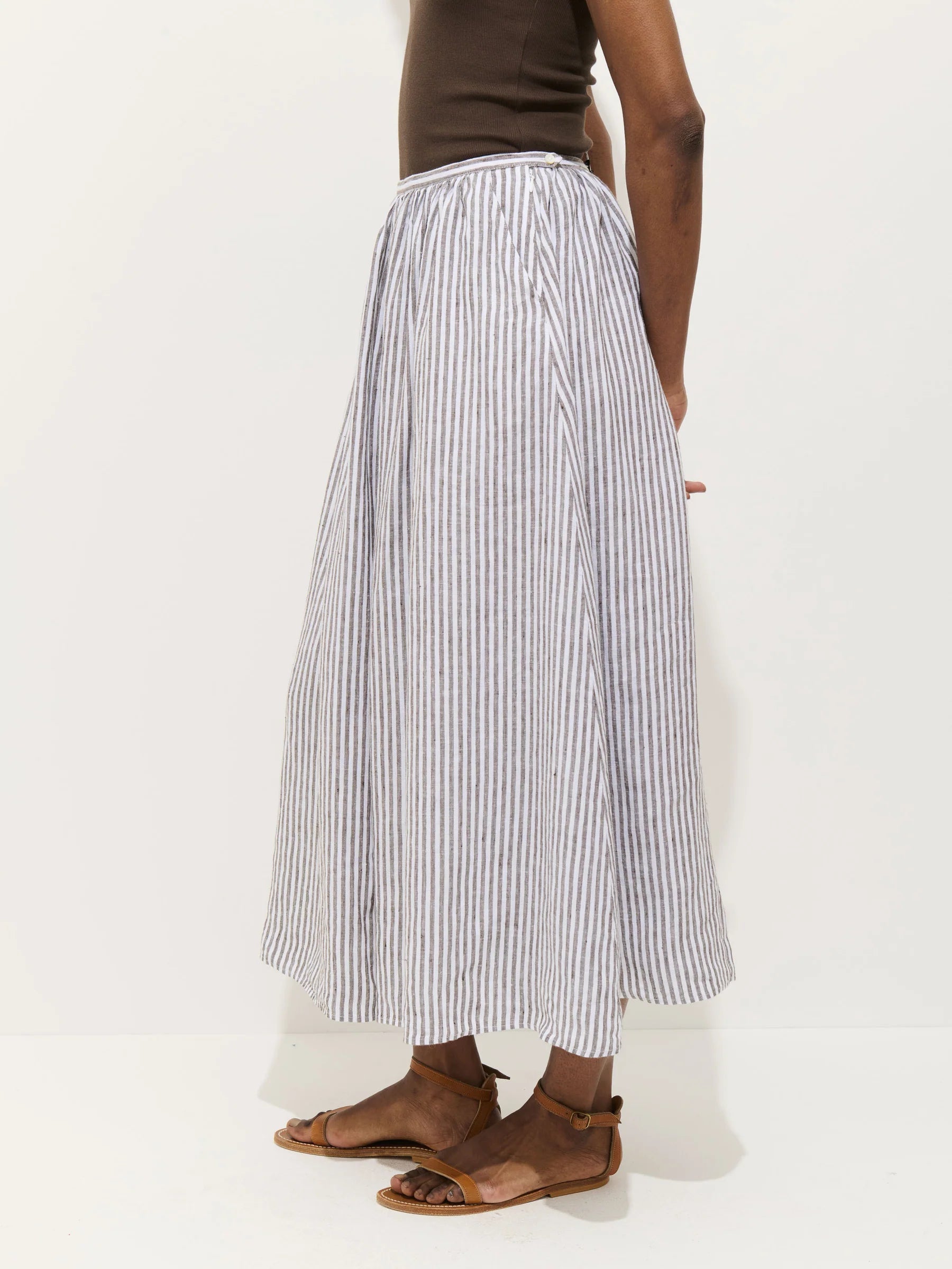 Sarah Striped Skirt In Linen - Espresso/Ivory