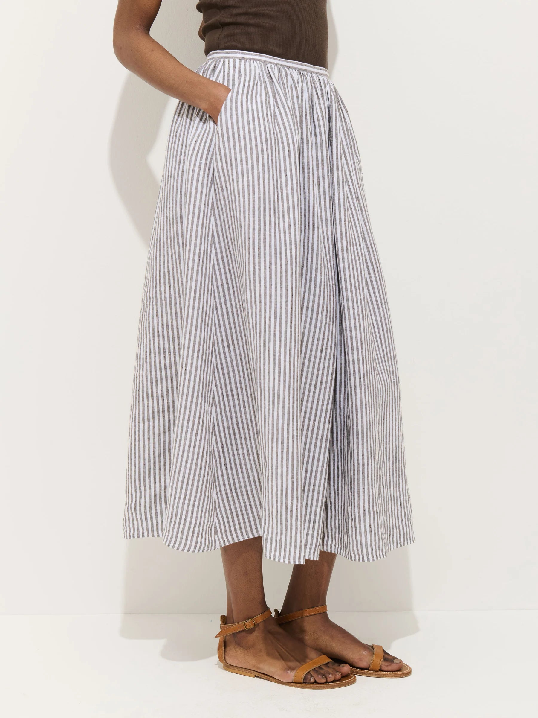 Sarah Striped Skirt In Linen - Espresso/Ivory