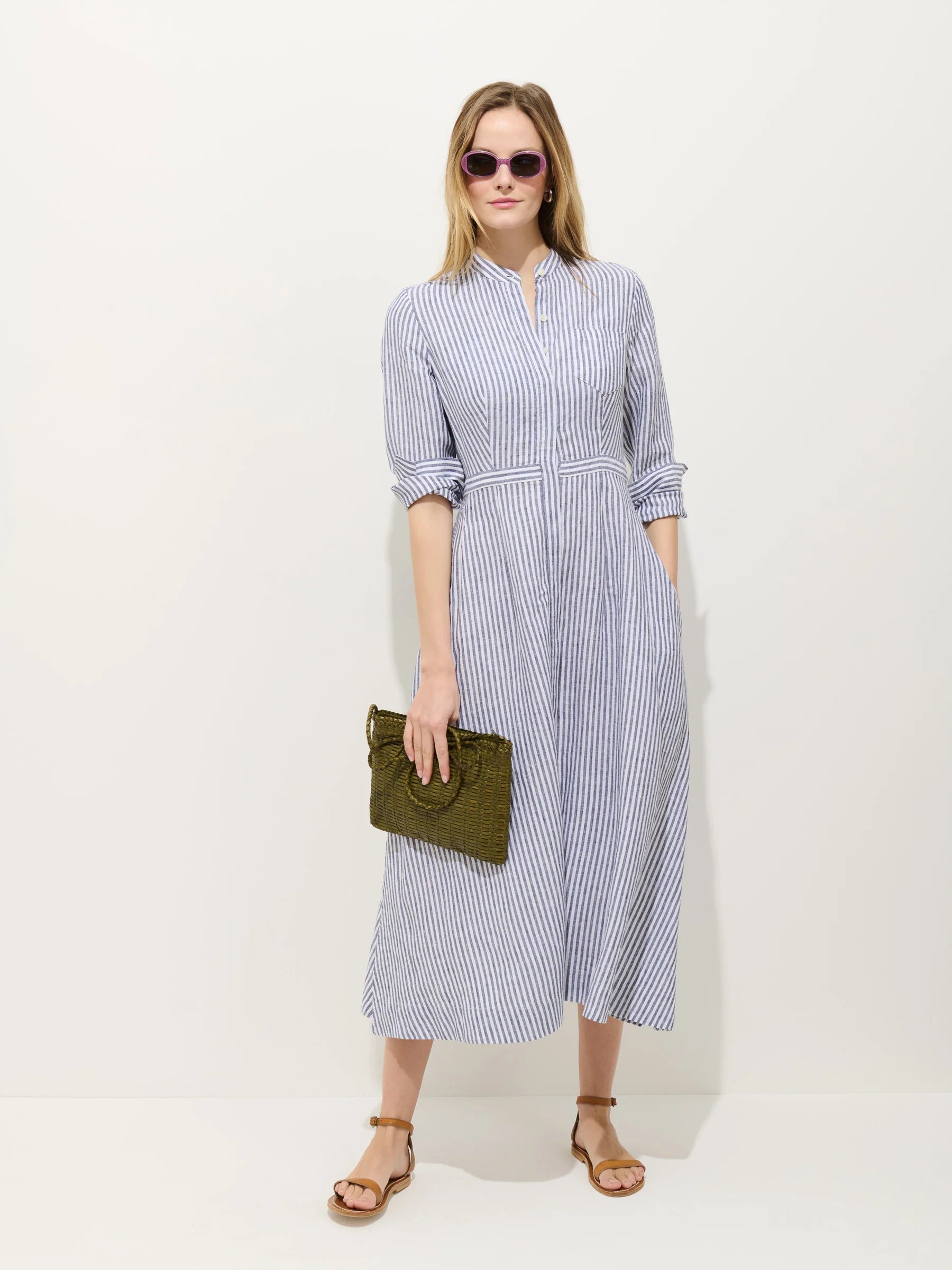 Isabella Striped Dress In Linen - Navy/Ivory