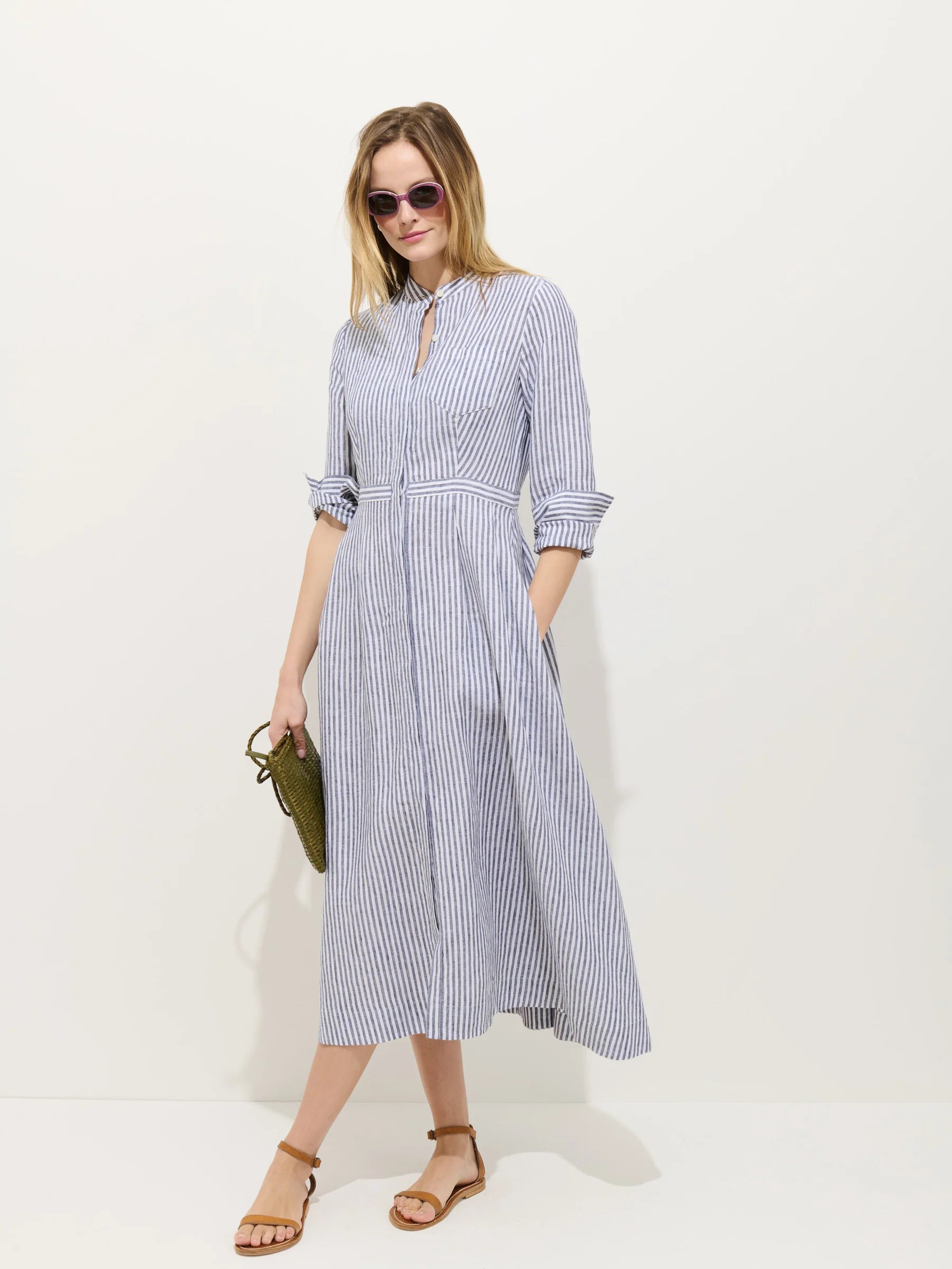 Isabella Striped Dress In Linen - Navy/Ivory