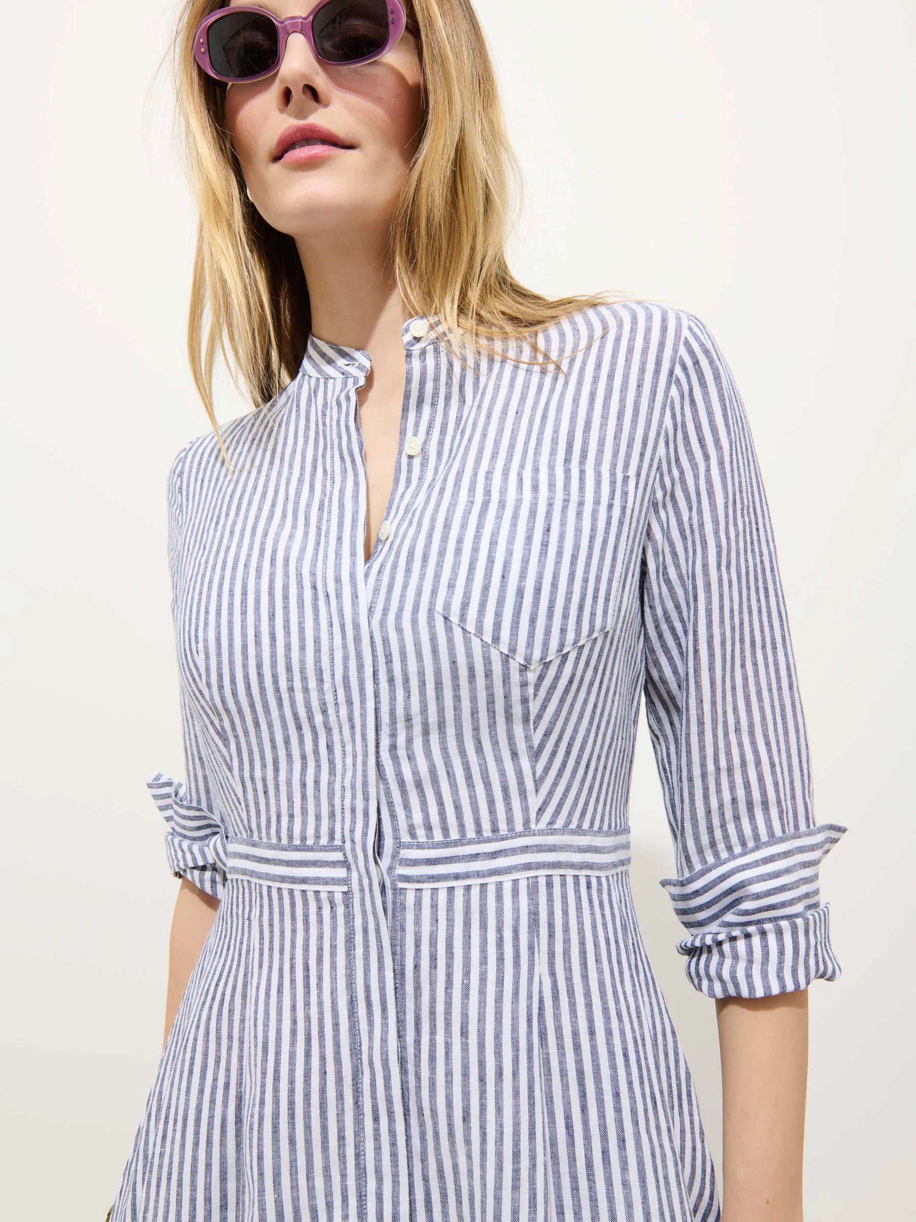 Isabella Striped Dress In Linen - Navy/Ivory