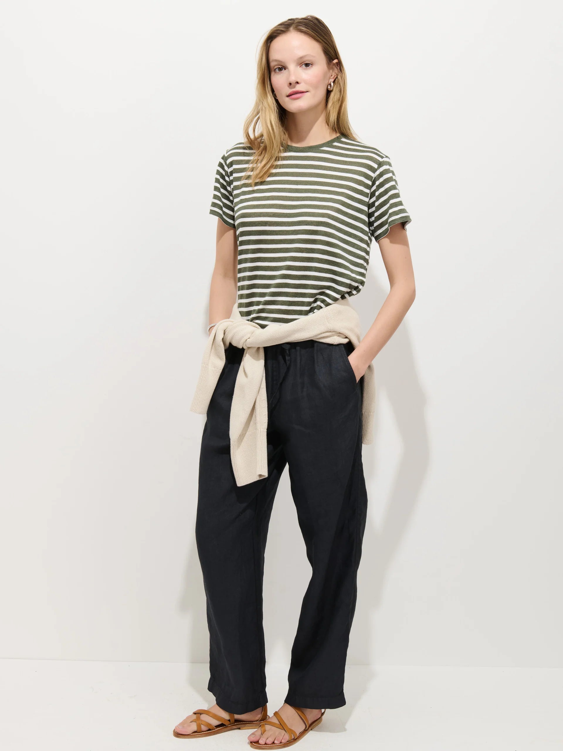 Garcon Striped Tee in Linen Cotton - Olive/Off White