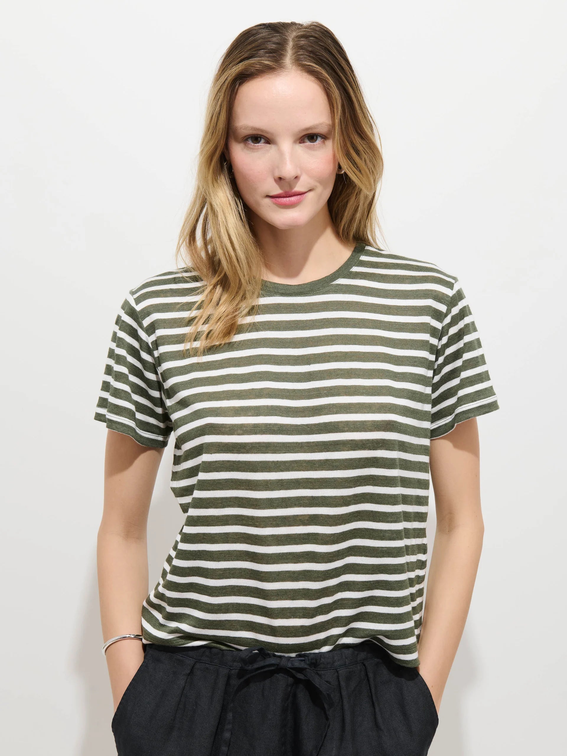 Garcon Striped Tee in Linen Cotton - Olive/Off White