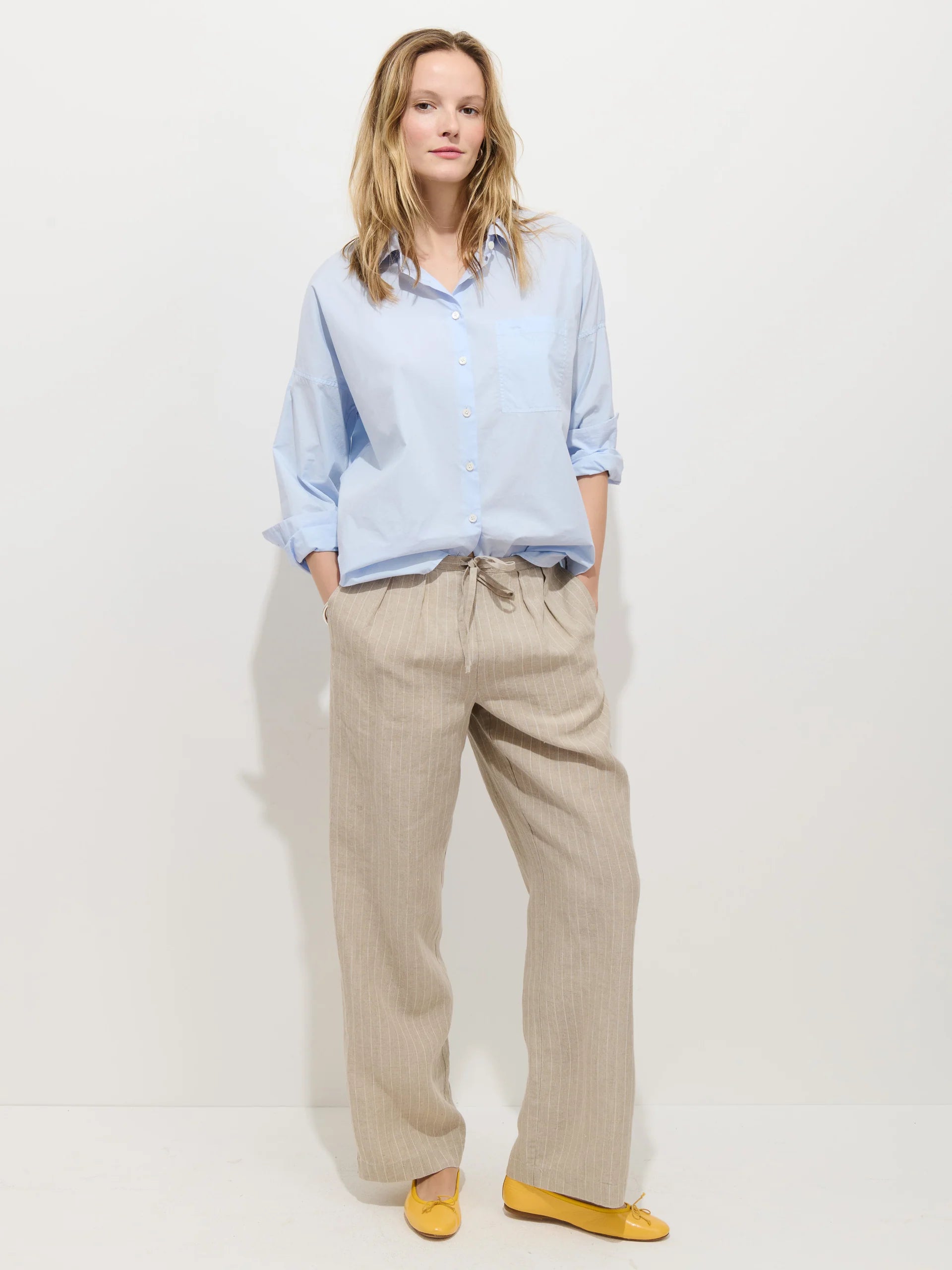 Hudson Pinstripe Pant in Linen - Flax/Ivory Stripe