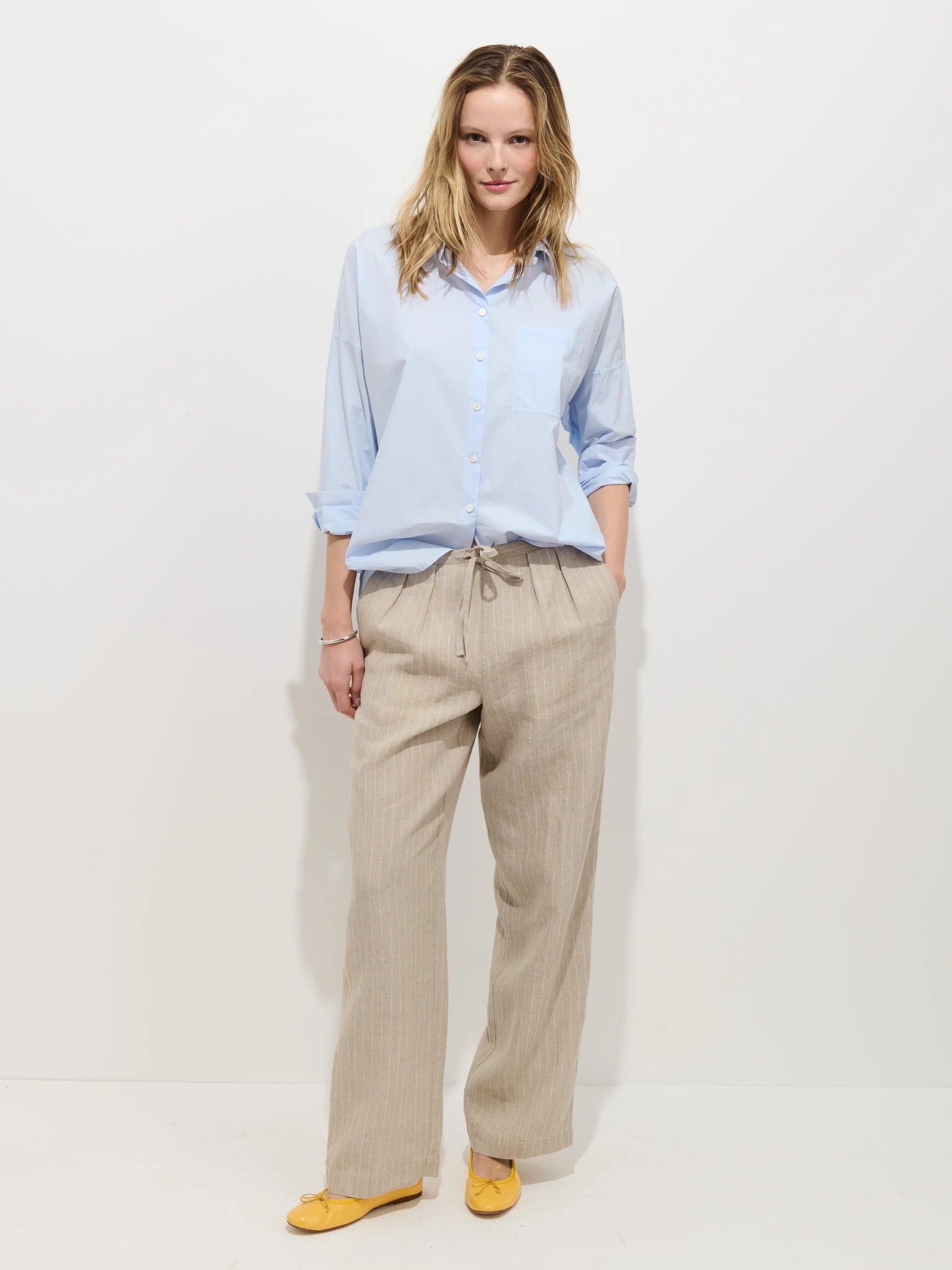 Hudson Pinstripe Pant in Linen - Flax/Ivory Stripe