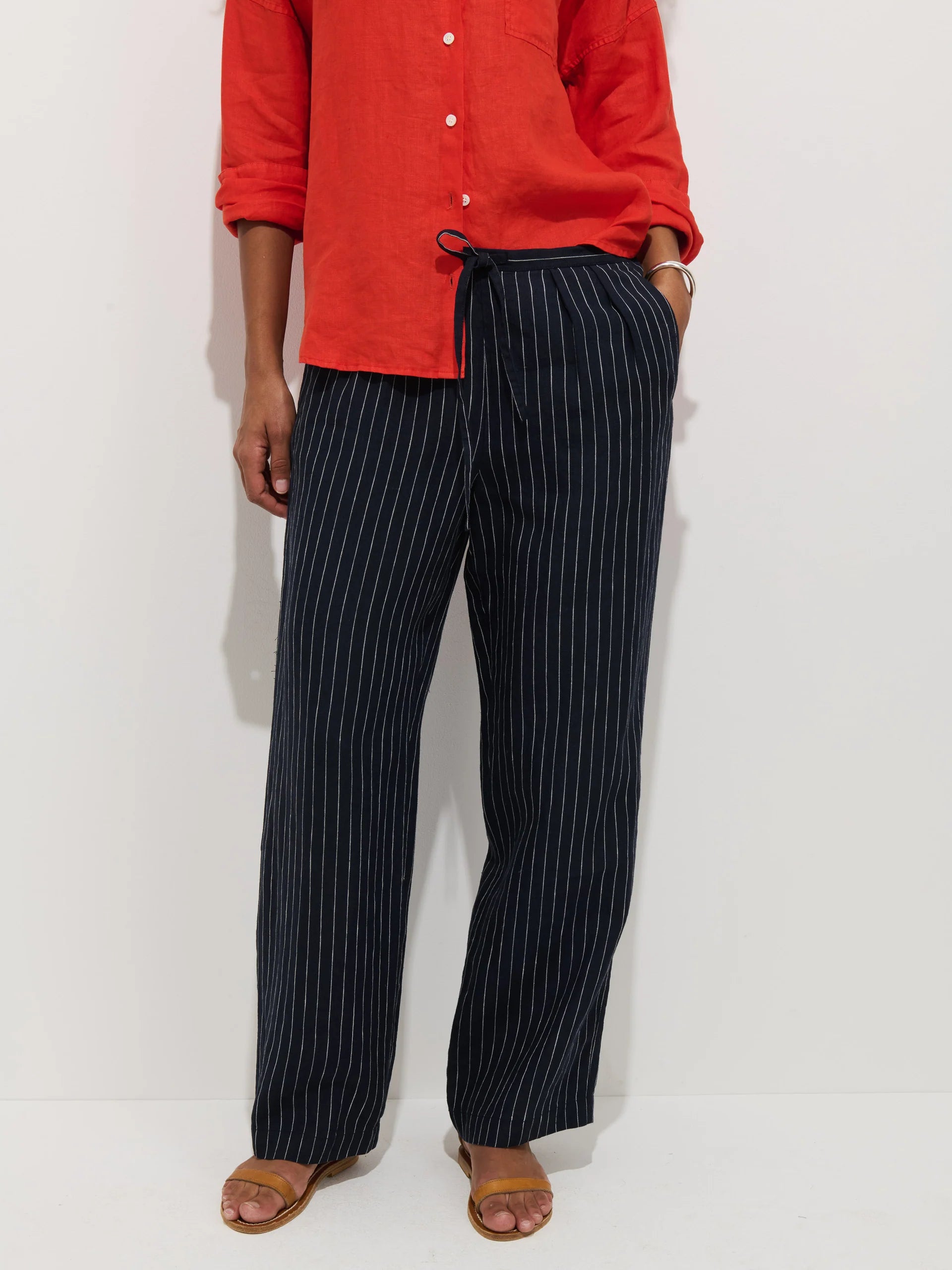 Hudson Pinstripe Pant in Linen - Navy/Ivory Stripe