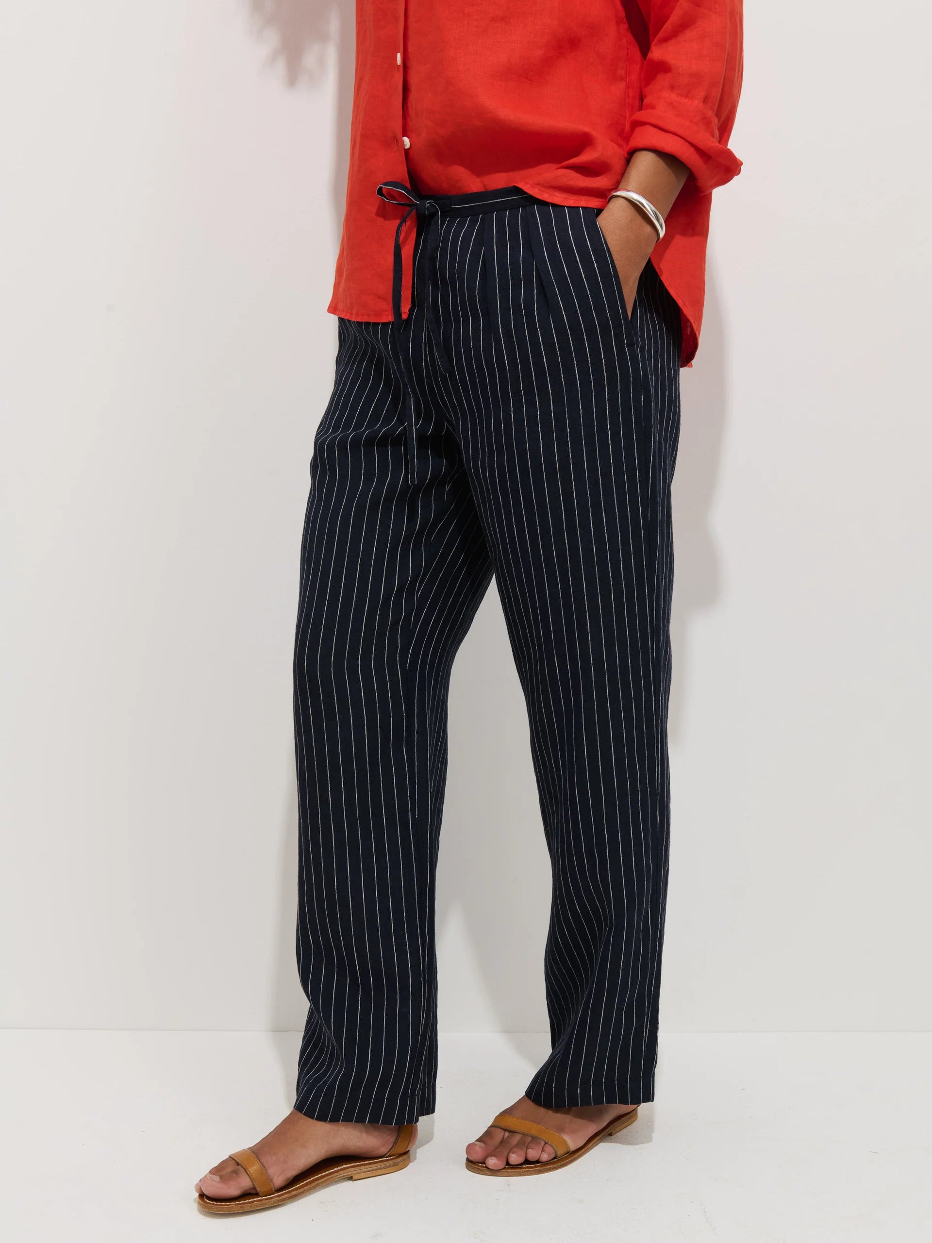 Hudson Pinstripe Pant in Linen - Navy/Ivory Stripe