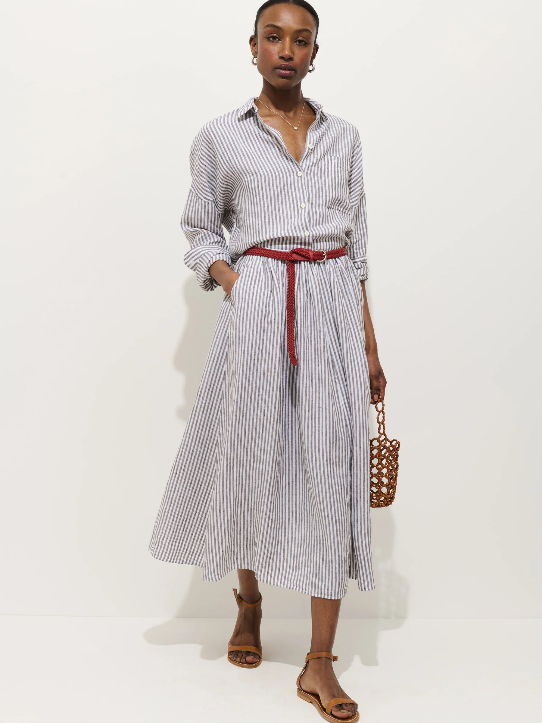 Sarah Striped Skirt In Linen - Espresso/Ivory