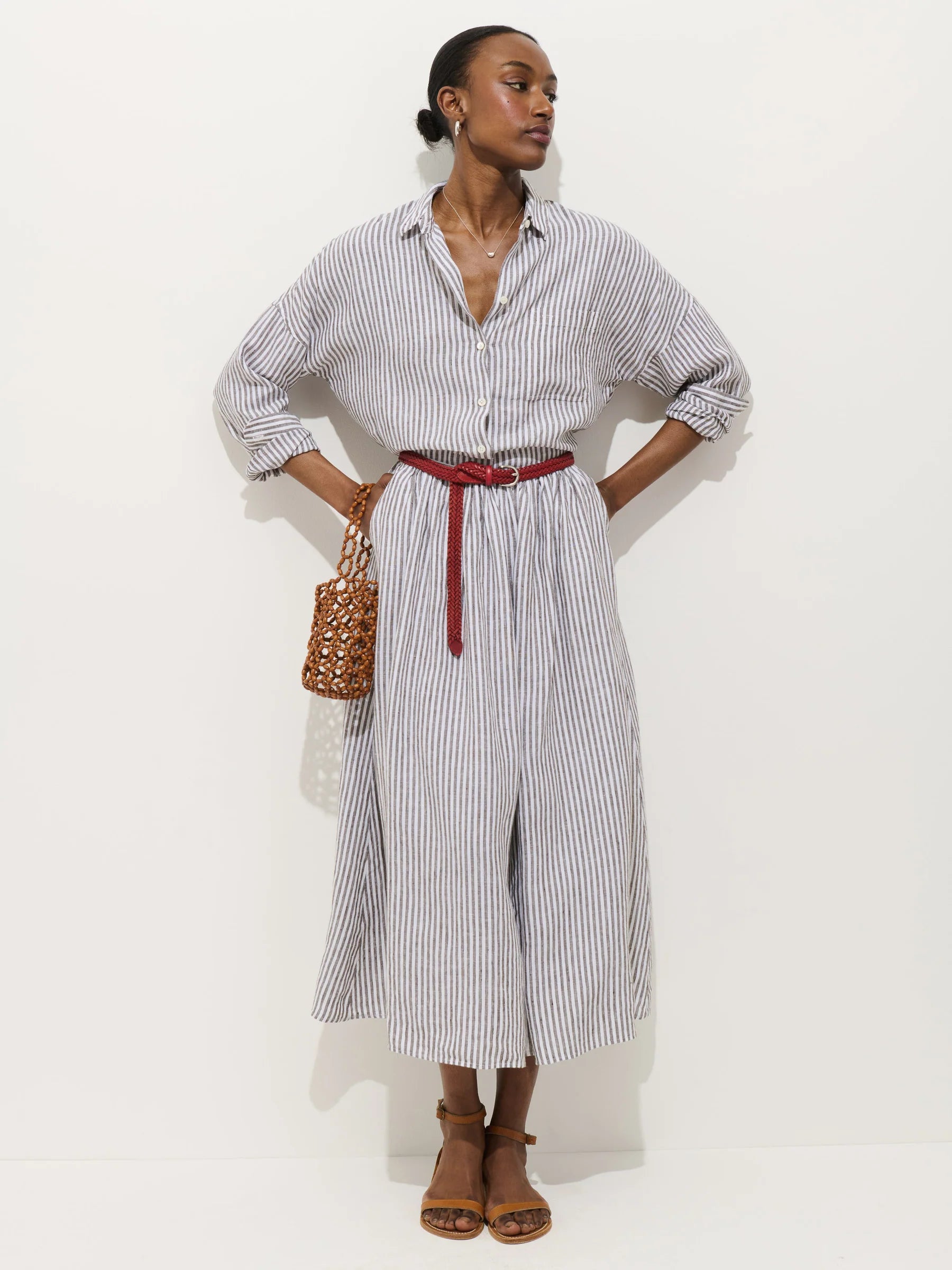 Jo Striped Shirt In Linen - Espresso/Ivory