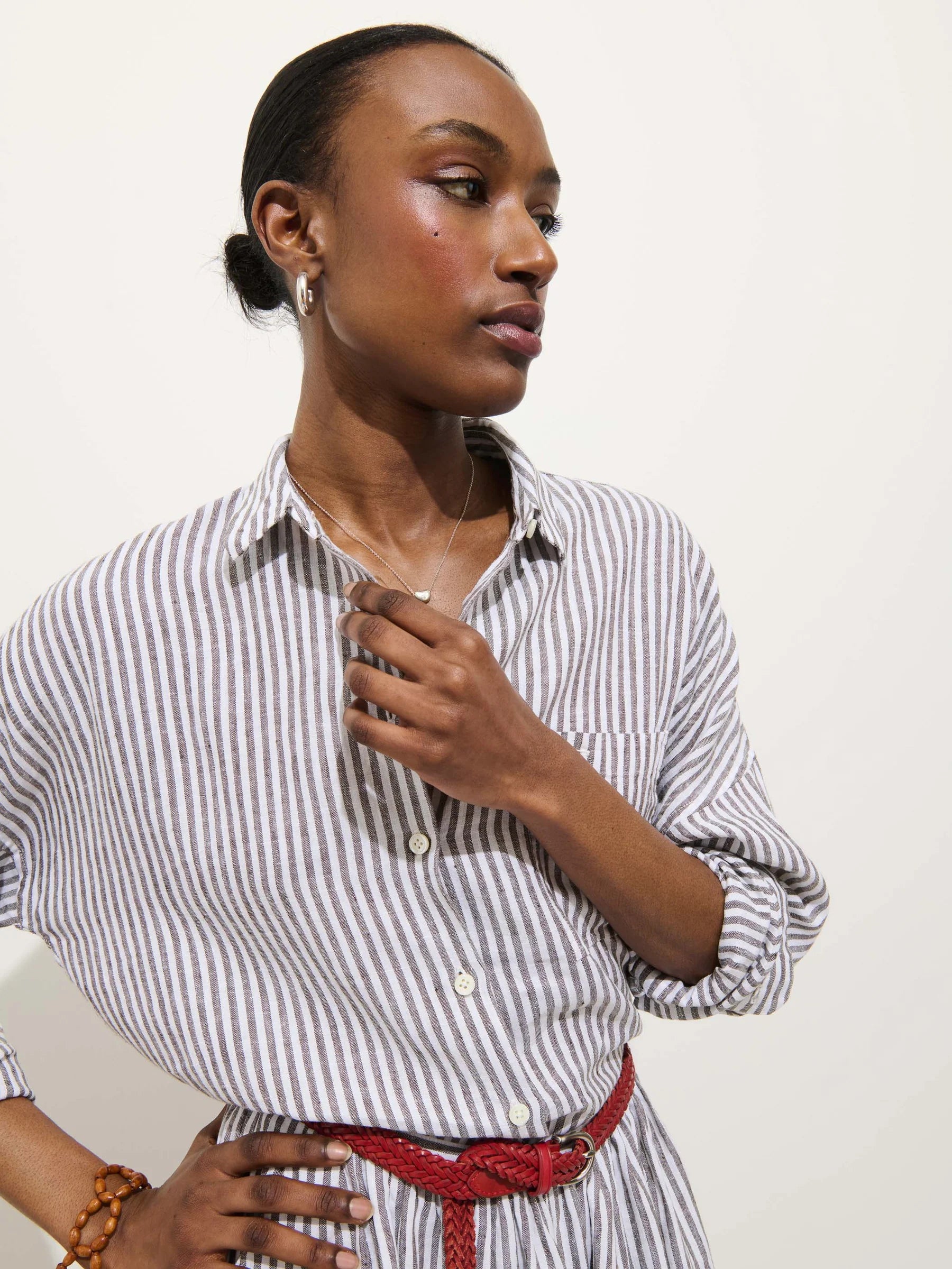 Jo Striped Shirt In Linen - Espresso/Ivory