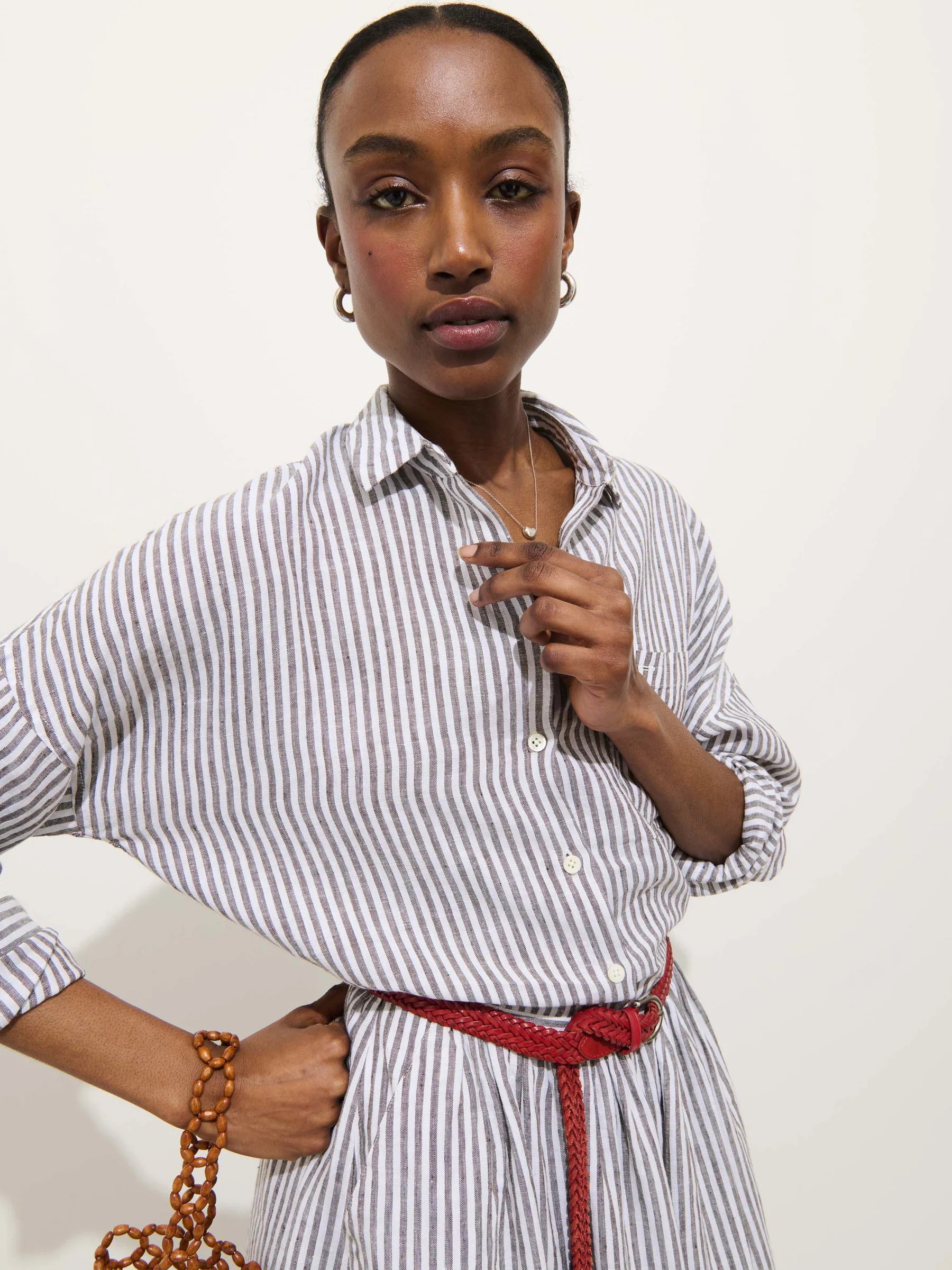 Jo Striped Shirt In Linen - Espresso/Ivory