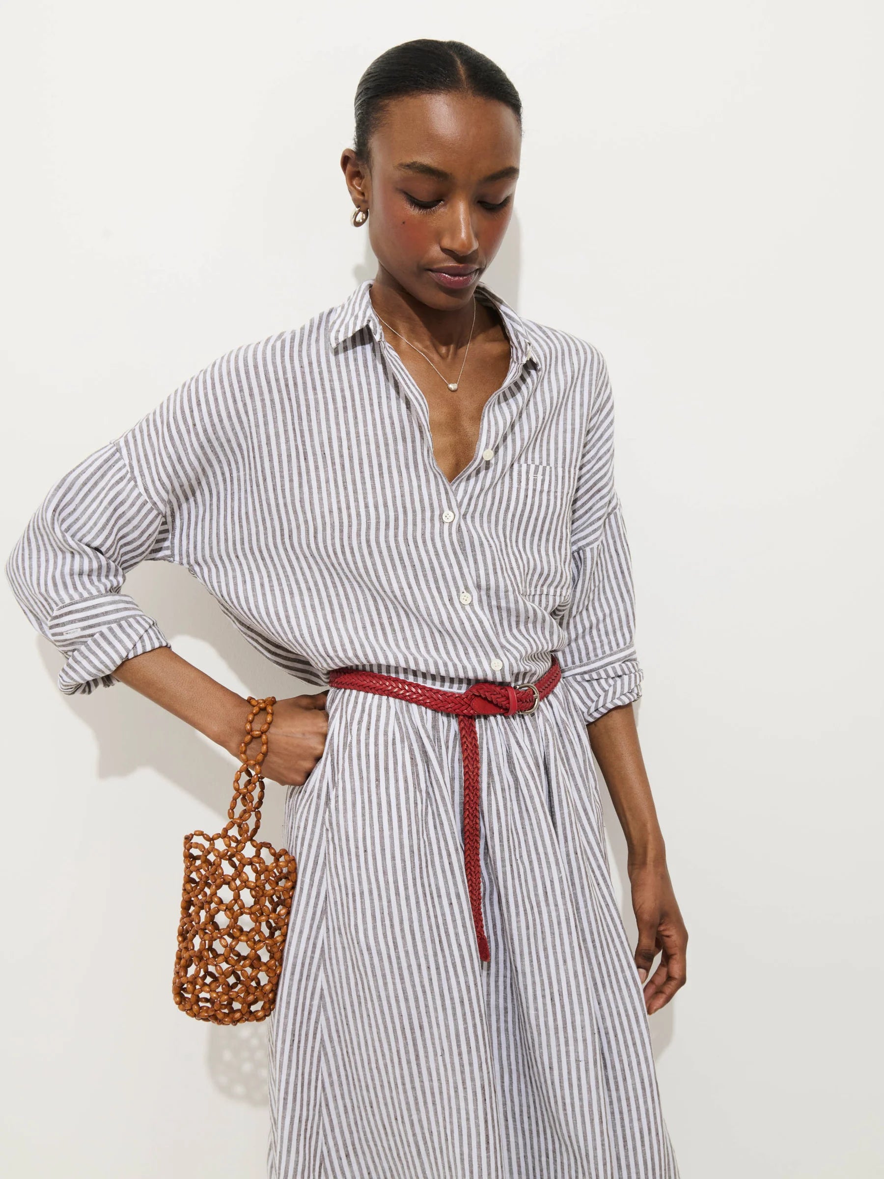 Jo Striped Shirt In Linen - Espresso/Ivory