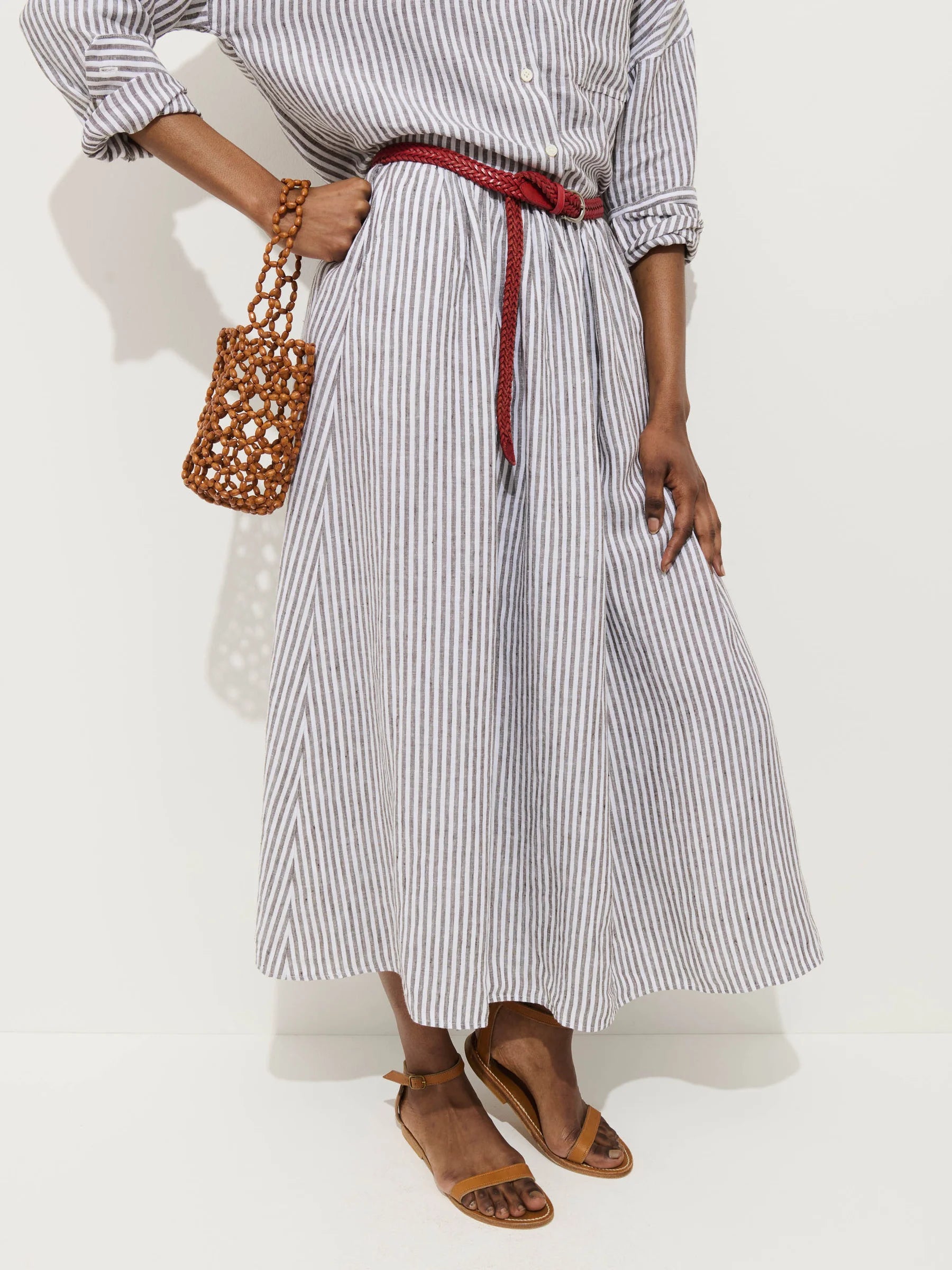 Sarah Striped Skirt In Linen - Espresso/Ivory
