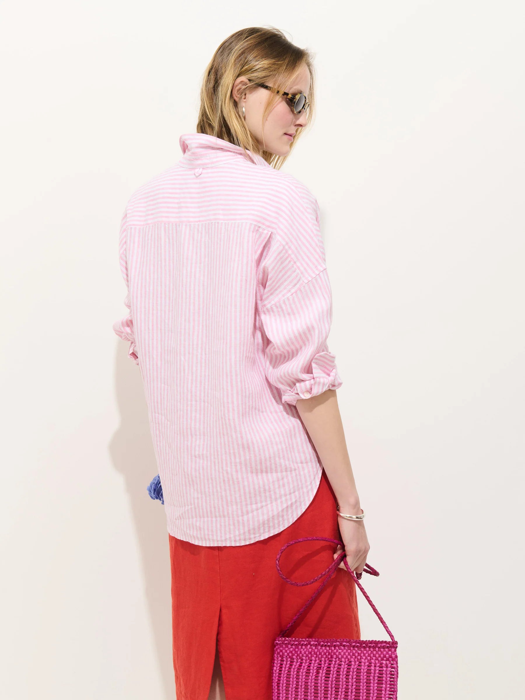 Jo Striped Shirt In Linen - Pink/Ivory