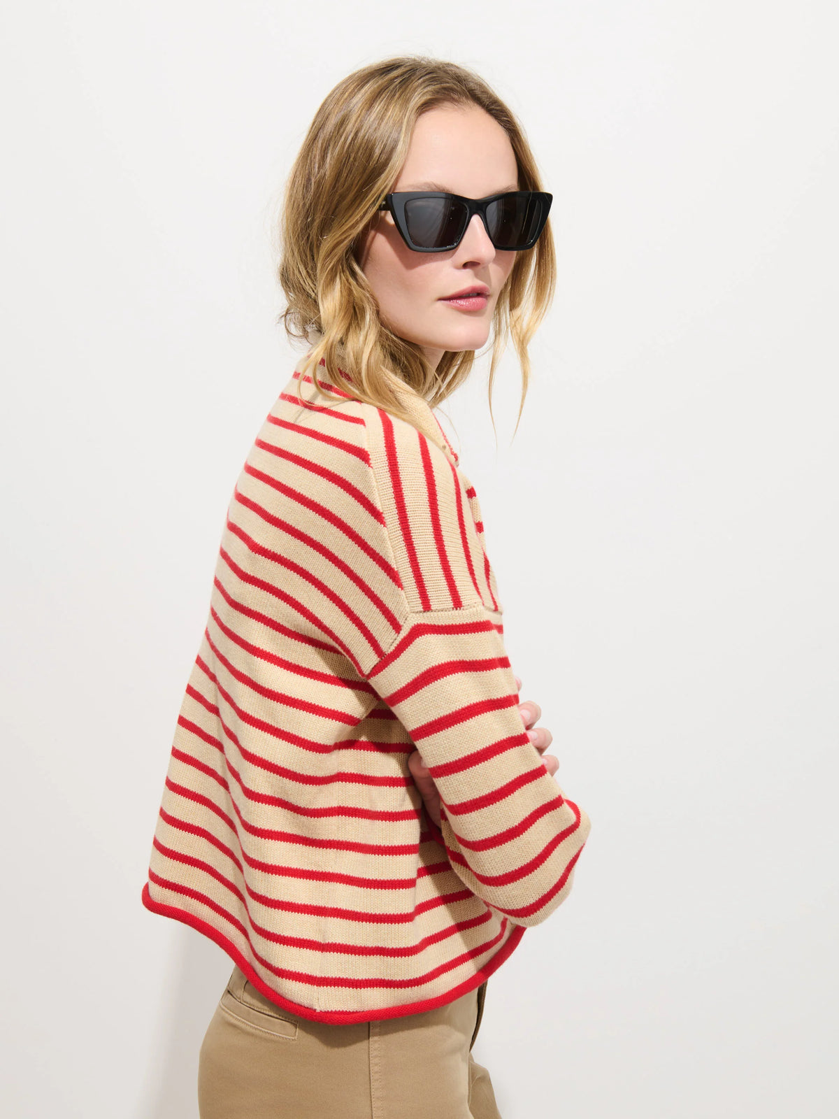 Taylor Cardigan in Mariner Stripe - Skinny Latte/Bright Flame