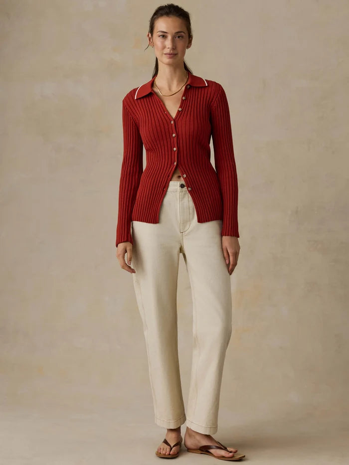 Sunwashed Cotton Ribbed Cardigan - Red Ochre