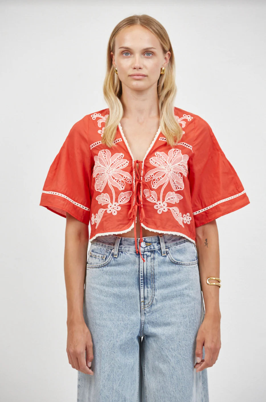 Auguste Floral Eyelet Tie Top - Red