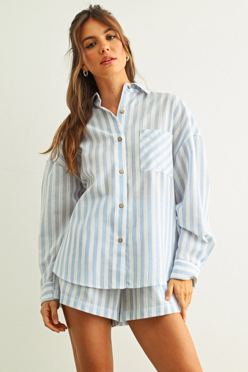 Striped Elastic Waist Shorts - Blue