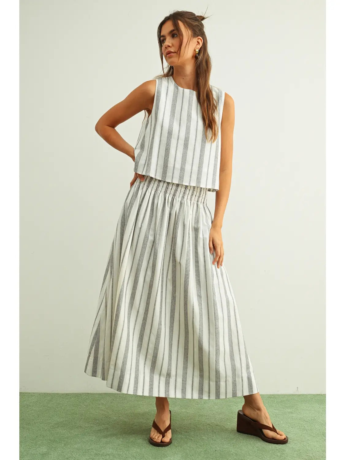 Striped Smocked Waist Maxi Skirt - Black/Oatmeal