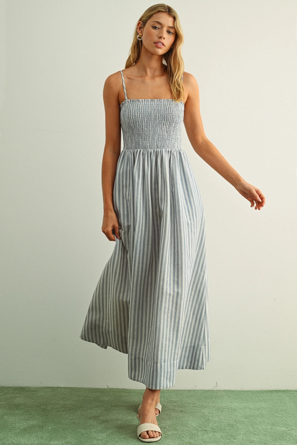 Striped Smocked Maxi Dress - Blue