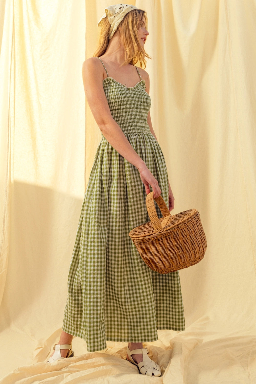 Gingham Print Long Dress - Green