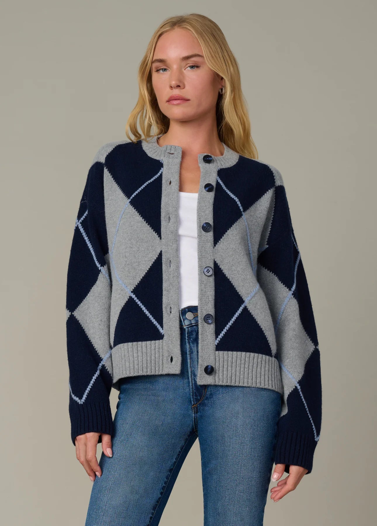 Relaxed Fit Cardigan - Blue Argyle