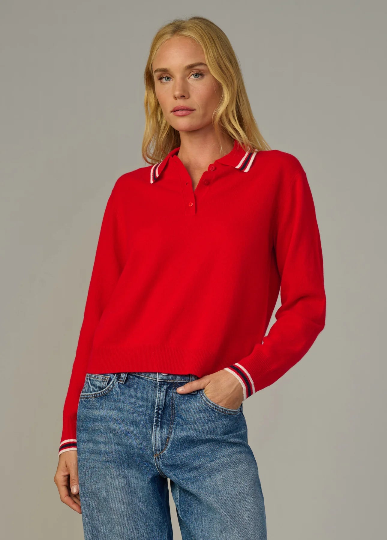 The Long Sleeve Cashmere Polo - Cherry Red