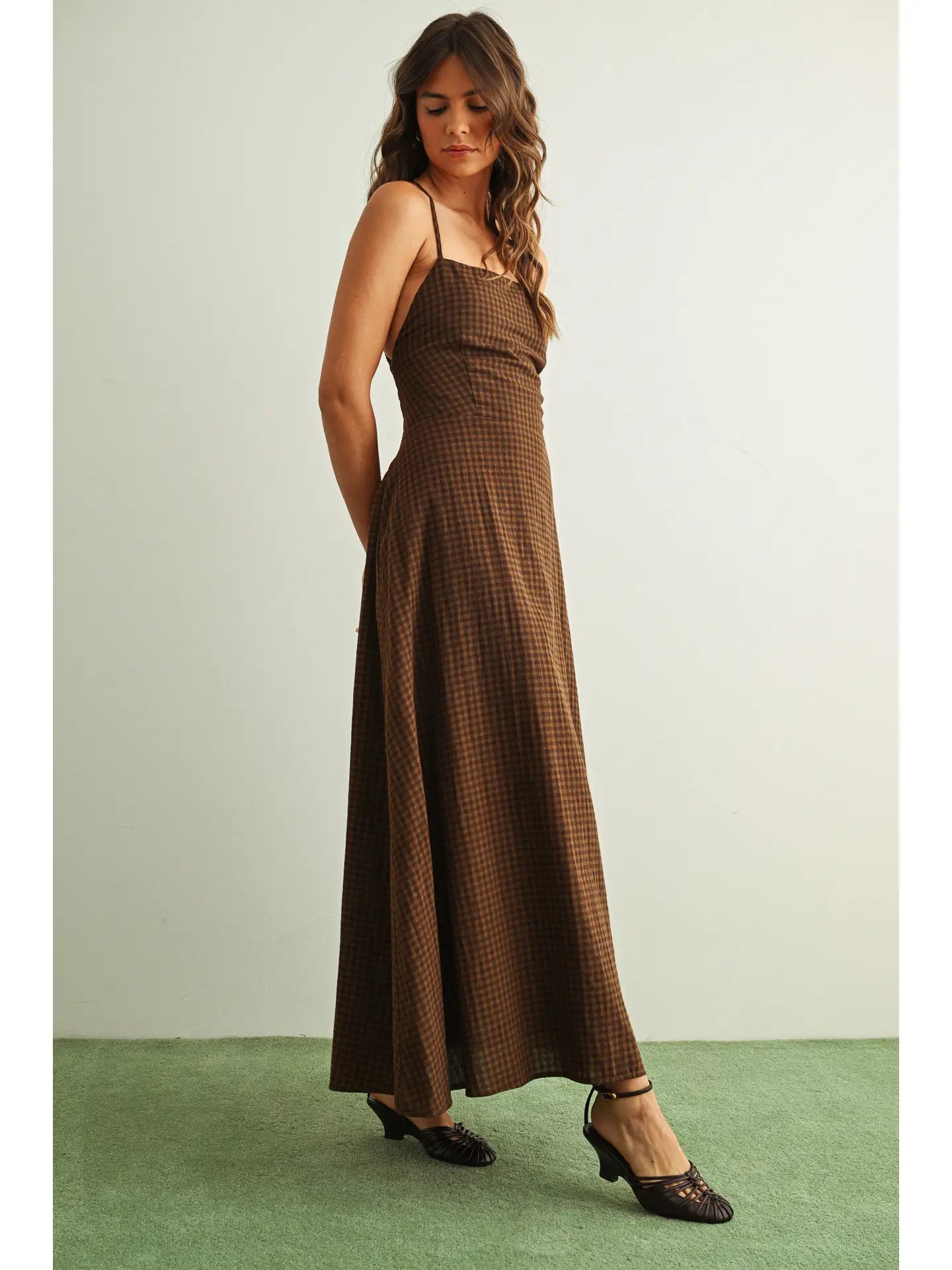 Gingham Lace-Up Maxi Dress - Brown