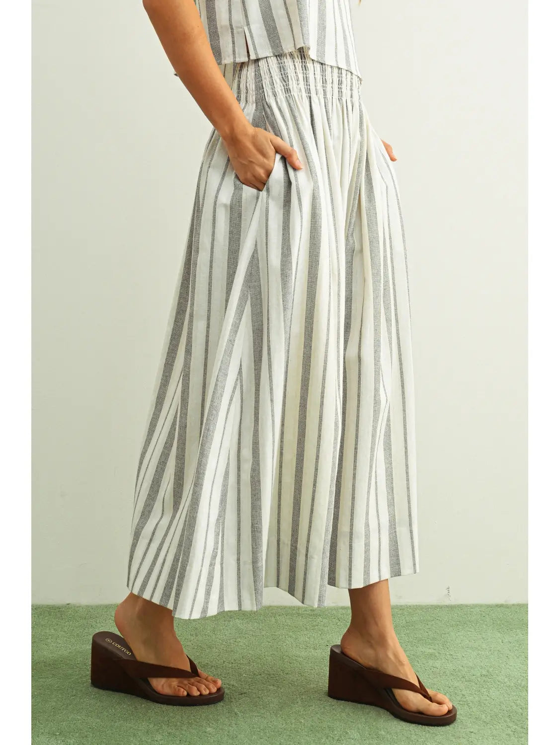 Striped Smocked Waist Maxi Skirt - Black/Oatmeal