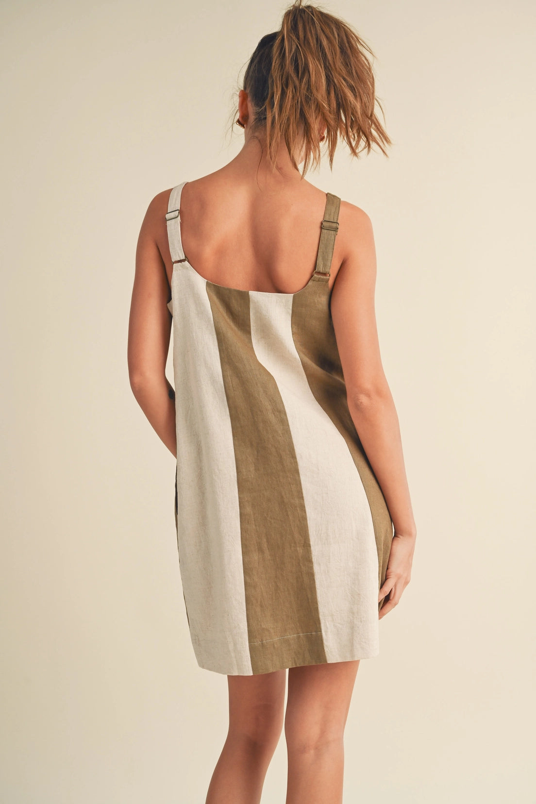 Color Block Linen Mini Dress - Olive/Oatmeal
