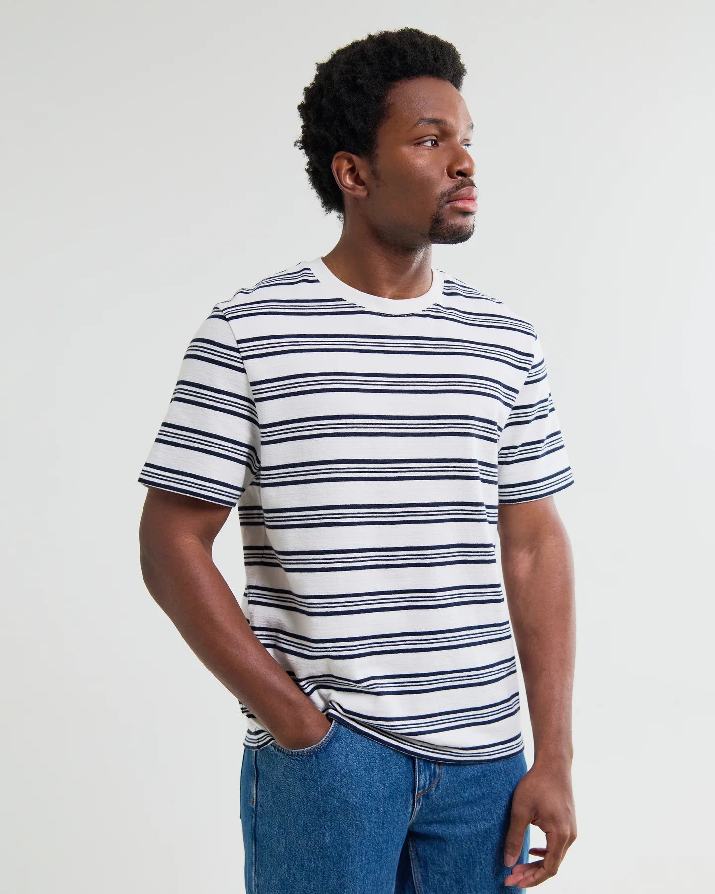 Dean Striped Textured Organic Cotton T-Shirt - Ecru and Navy
