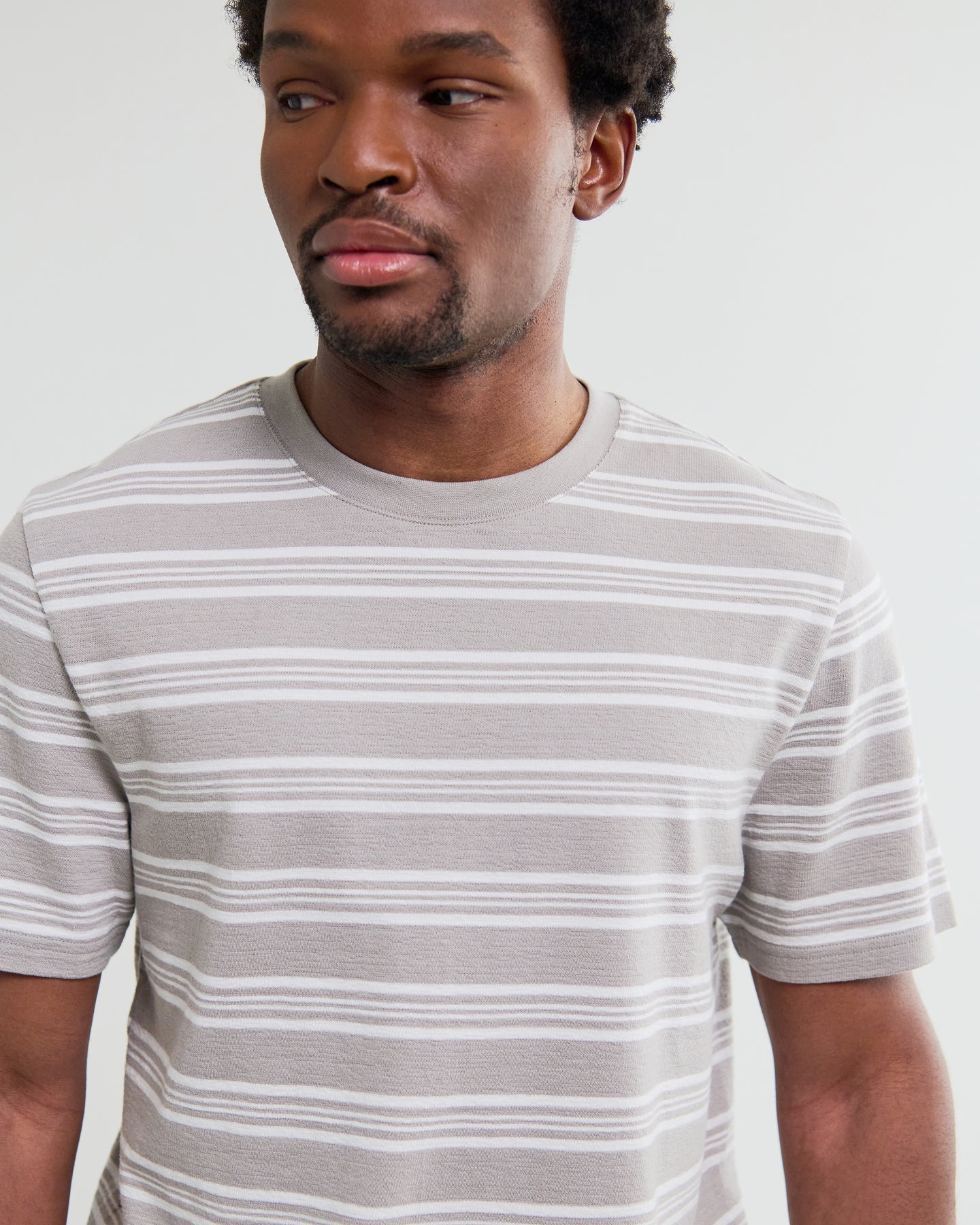 Dean - Taupe And Ecru Textured Stripe Organic Cotton T-Shirt