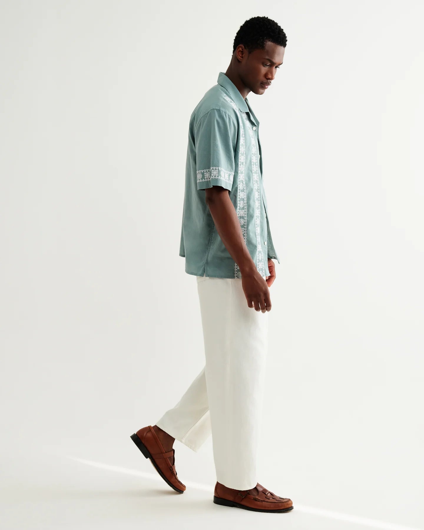 Didcot Embroidered Short-Sleeve Shirt - Sea Green and Ecru