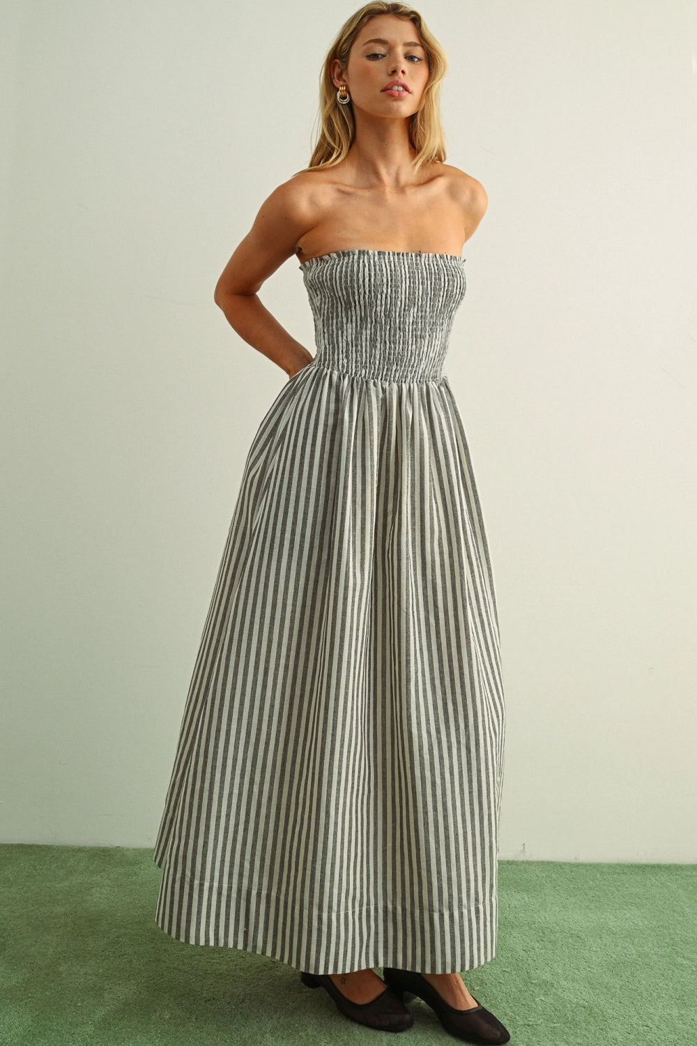 Striped Smocked Maxi Dress - Black