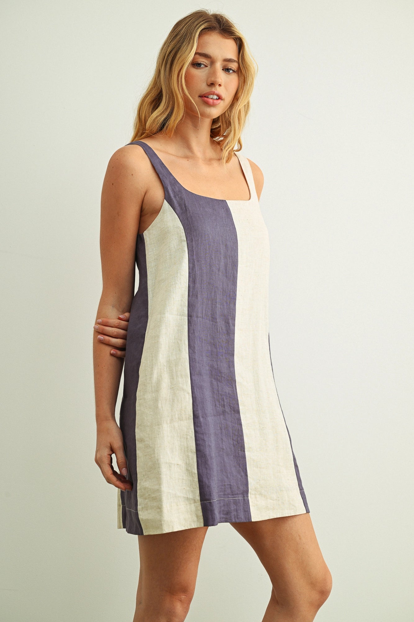 Color Block Linen Mini Dress - Slate Navy/Oatmeal